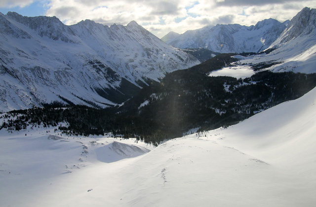 Lawson Lake sits at the bottom of the Haig glacier with Mount Beaty hovering at right
and Mount Black Prince at left.