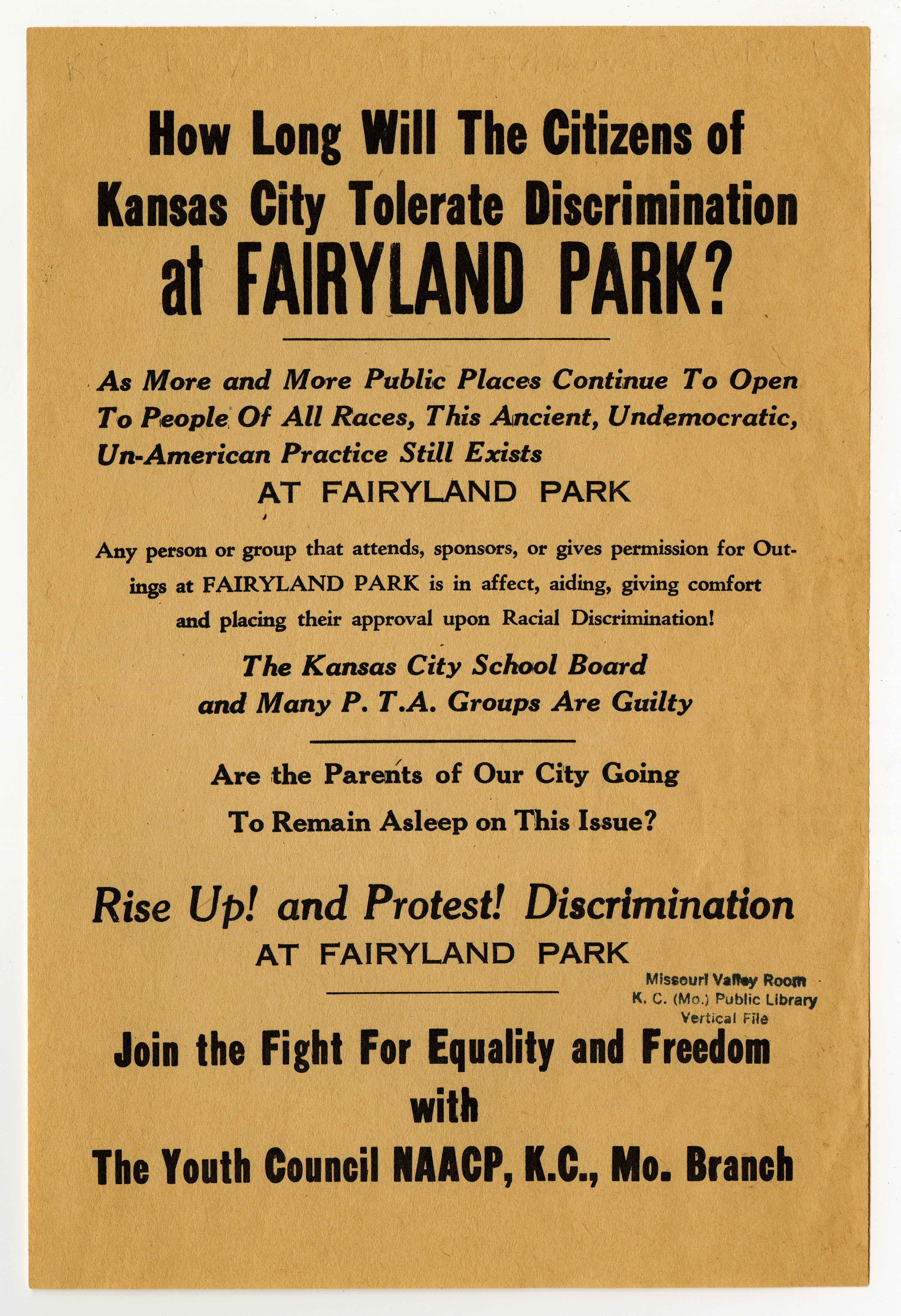 A flyer urging people to protest against racial discrimination at Fairyland Park, printed by the Kansas City, Mo., youth branch of the NAACP. Timberlake was a member of the association. (Kansas City Public Library)