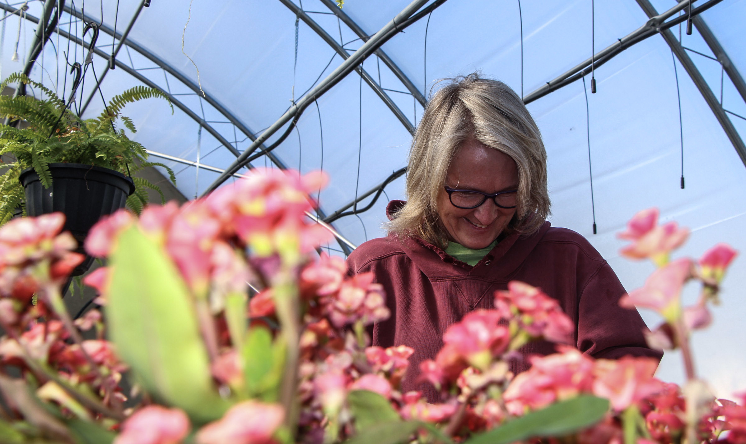 Sue MacLeod waters her plants as she discusses the community kinship of flood season. (Ahmar Khan/CBC)