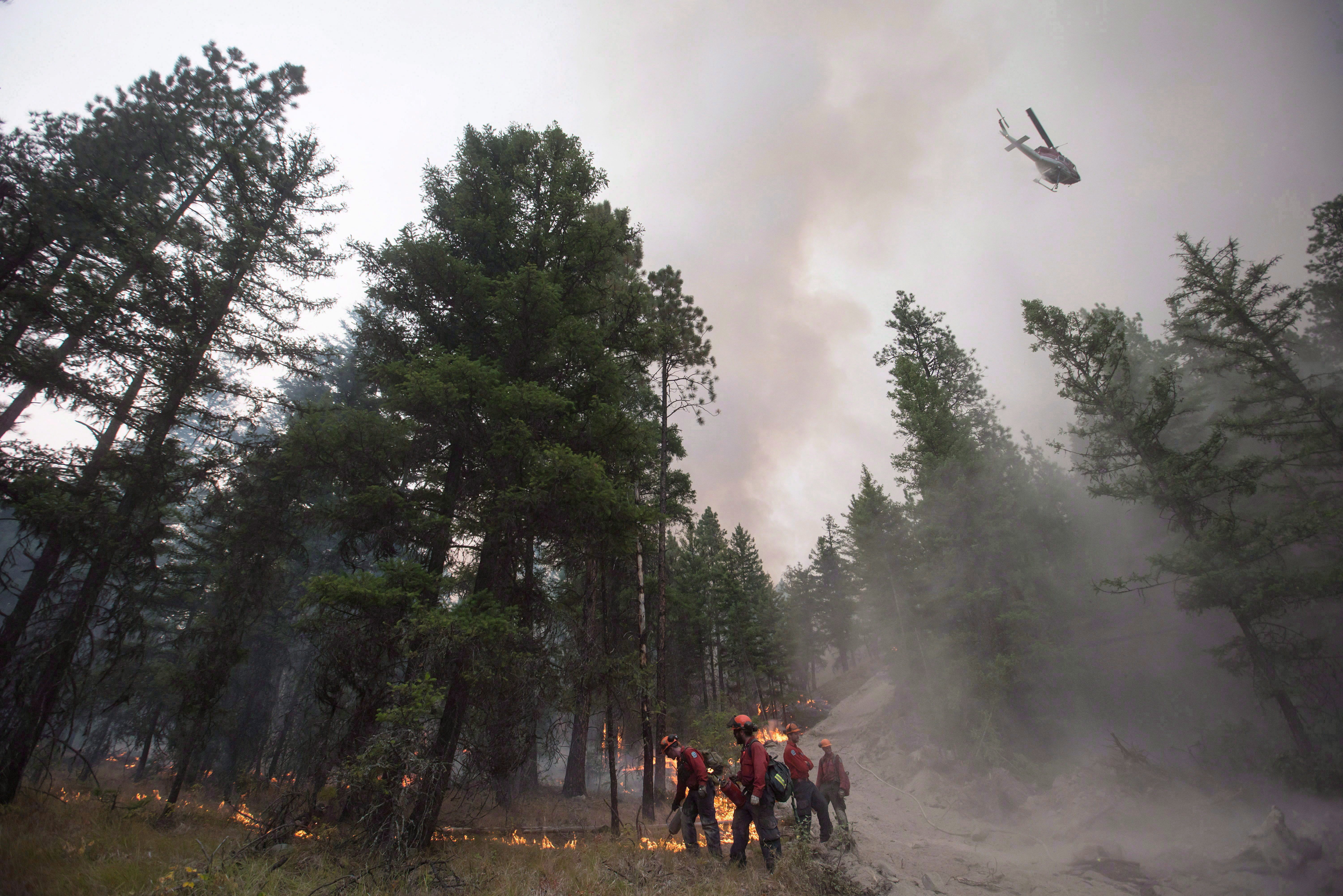 A helicopter drops water outside a fire-guard line as B.C. Wildfire Service firefighters conduct a controlled burn to help prevent the Finlay Creek wildfire from spreading near Peachland, B.C., on Sept. 7, 2017. (Darryl Dyck/The Canadian Press)