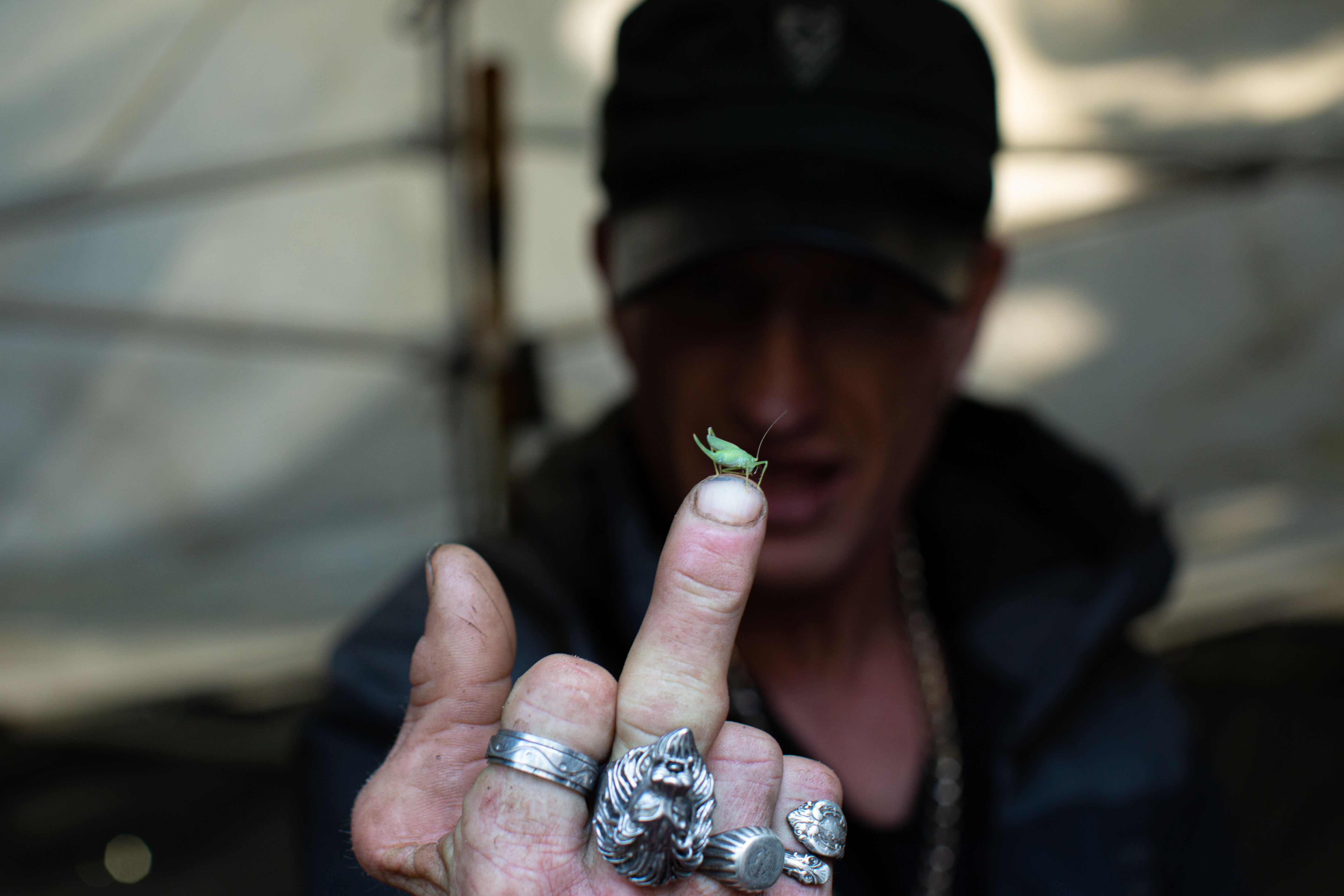 Oppenheimer Park resident Stephen James (Red) Robinson, 51, looks at a tiny grasshopper while flipping the bird in Vancouver on July 18, 2019. (Maggie MacPherson/CBC)