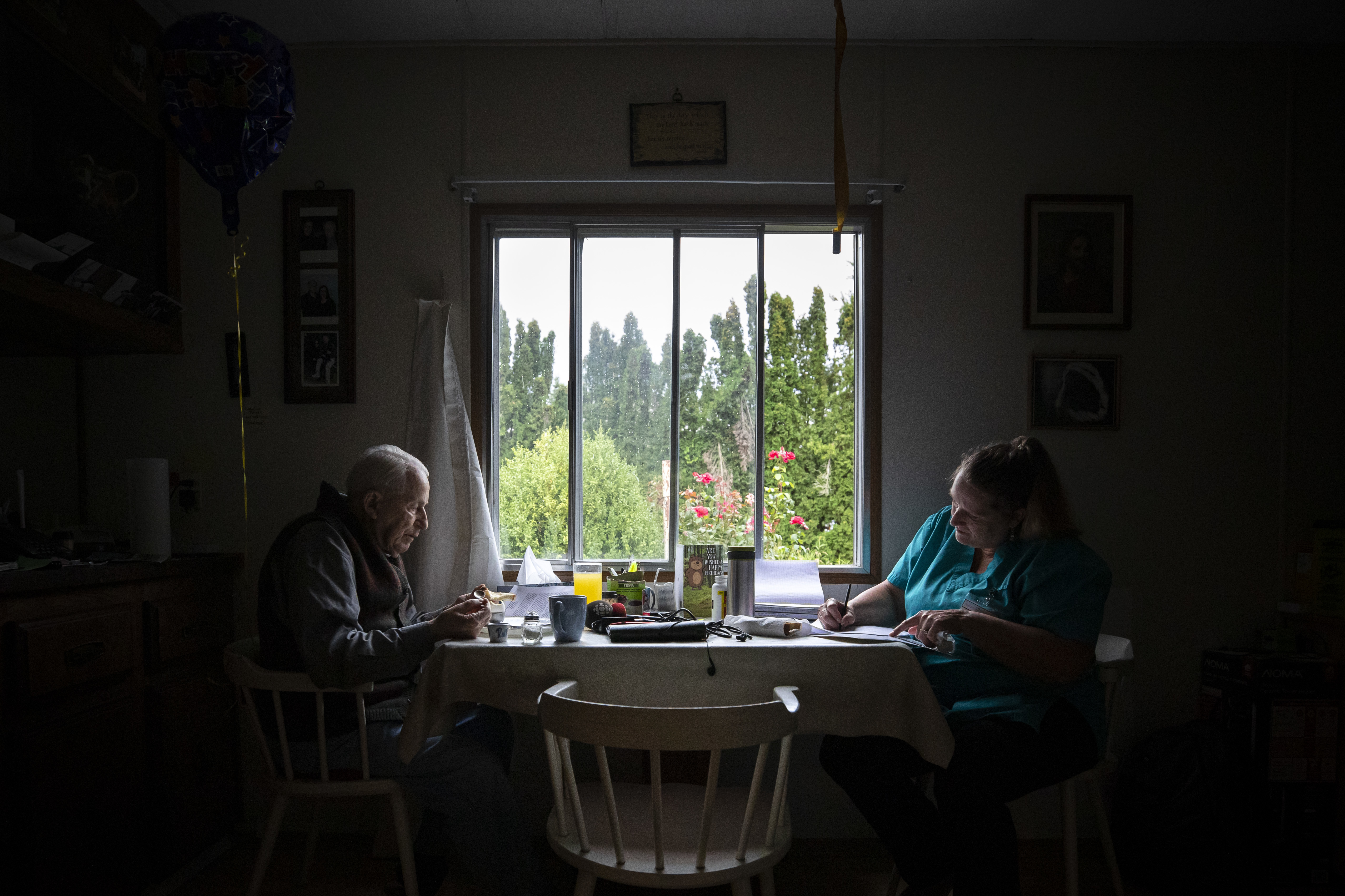 Jenny Kaastra, a nanny who services patients in the Fraser Valley, is pictured with her patient Rolf Pataky in Abbotsford, B.C. on Aug. 21, 2019. (Ben Nelms/CBC)