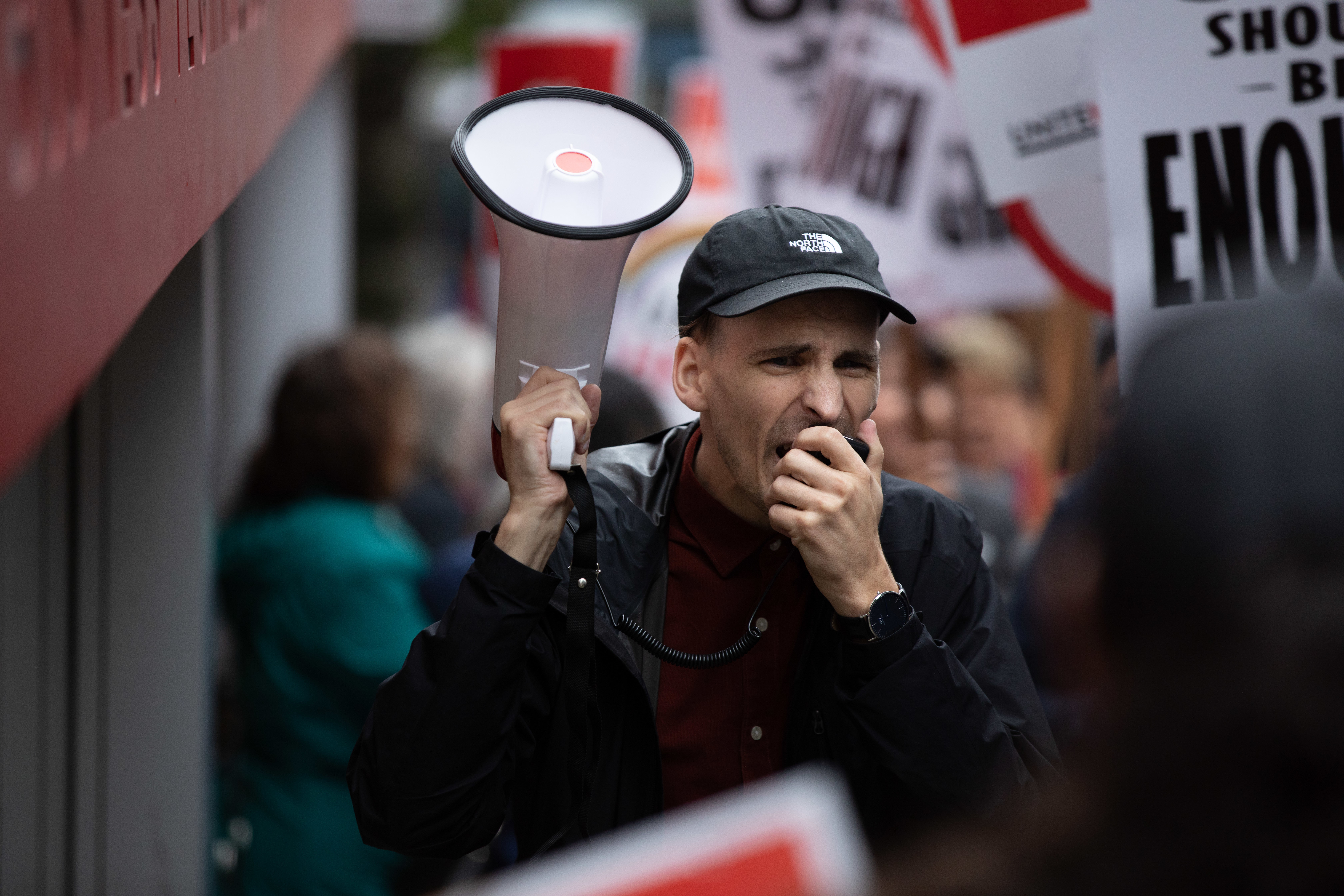 Vancouver’s downtown hospitality workers from the Hotel Georgia, Hyatt, Westin Bayshore and Pinnacle Harbourfront hotels walk off the job in a coordinated lunch-hour strike outside the Hyatt Regency Hotel in Vancouver on Sept. 17, 2019. (Maggie MacPherson/CBC)