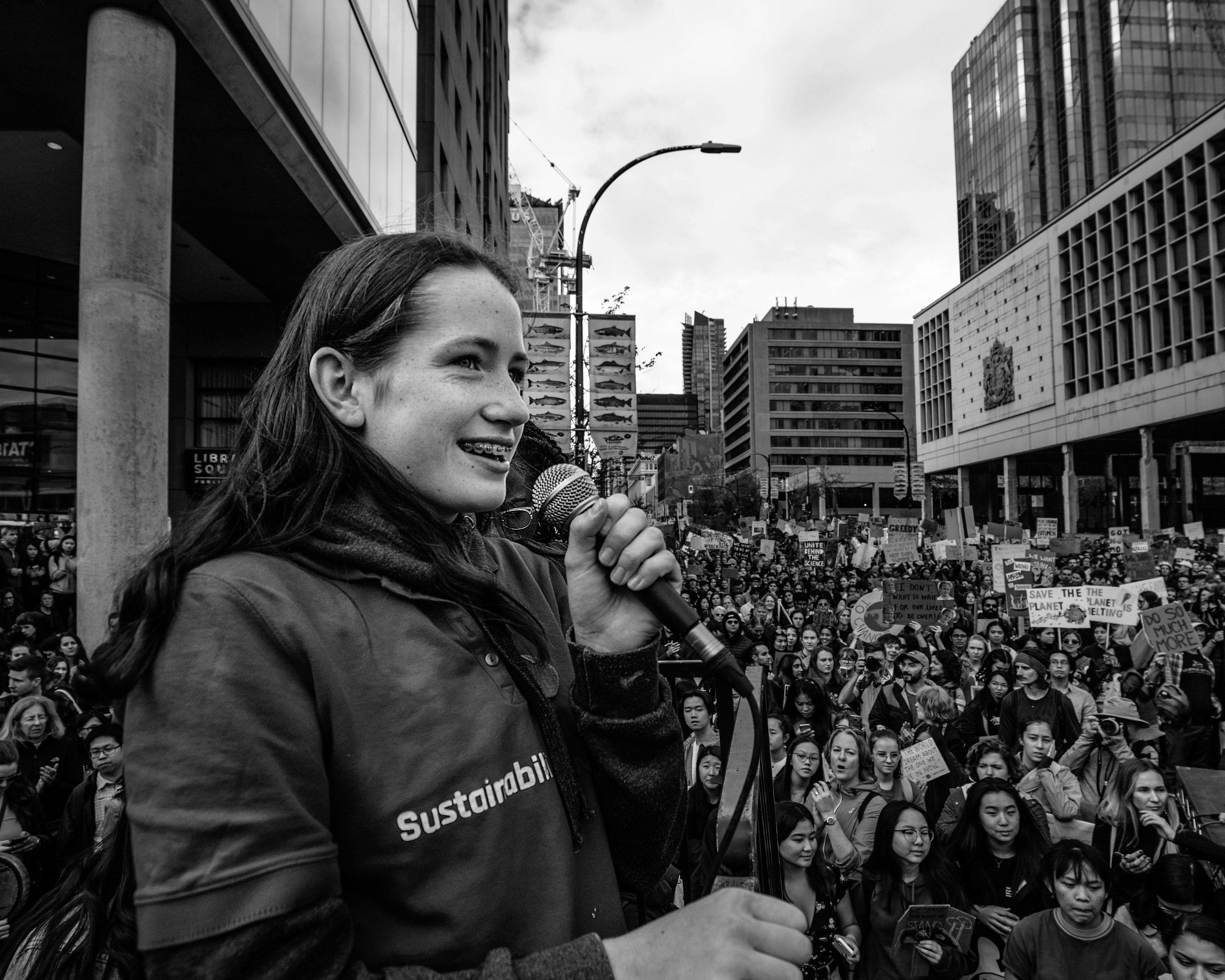 Lilah Williamson, 15, is a member of the climate activist group Sustainabiliteens. She addressed an estimated 100,000 people during a climate strike at the corner of West Hamilton and Georgia Streets on Friday, Sept. 27, 2019. (Maggie MacPherson/CBC)