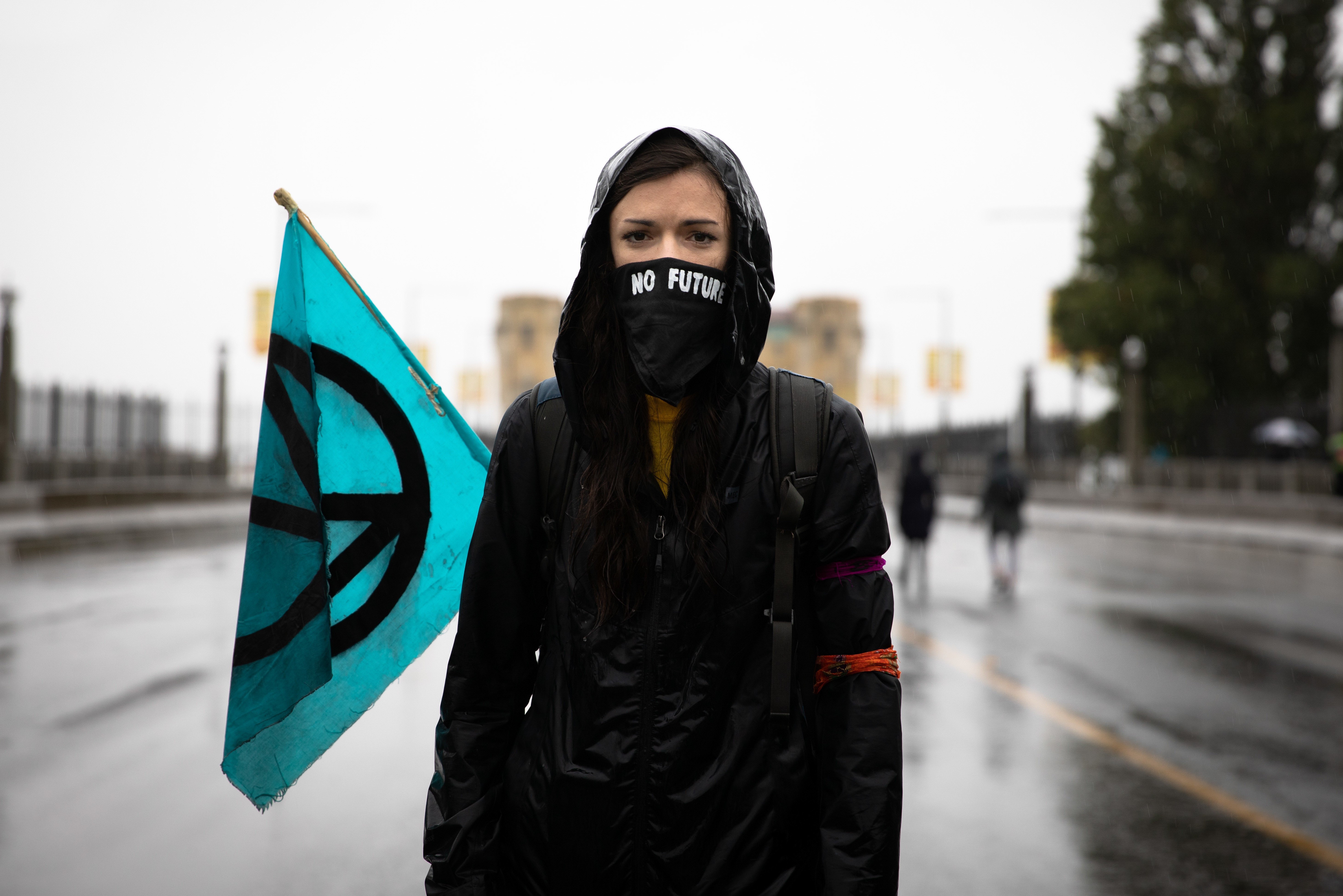 Climate protesters block traffic at the north end of the Burrard Bridge in Vancouver on Monday, Oct. 7, 2019. (Maggie MacPherson/CBC)