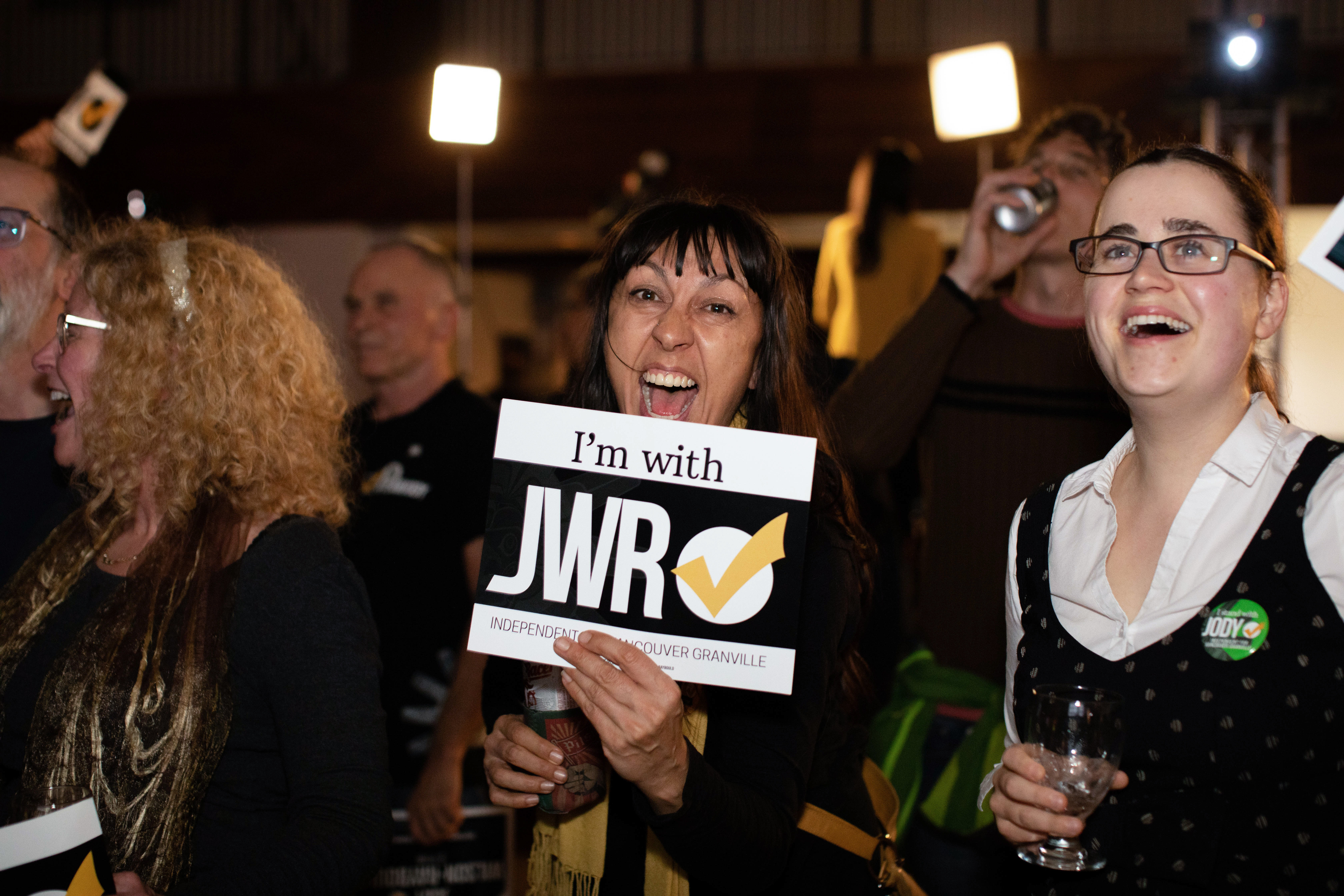 Supporters of independent MP Jody Wilson-Raybould gather on election night, Oct. 21, 2019, in Vancouver. (Maggie MacPherson/CBC)