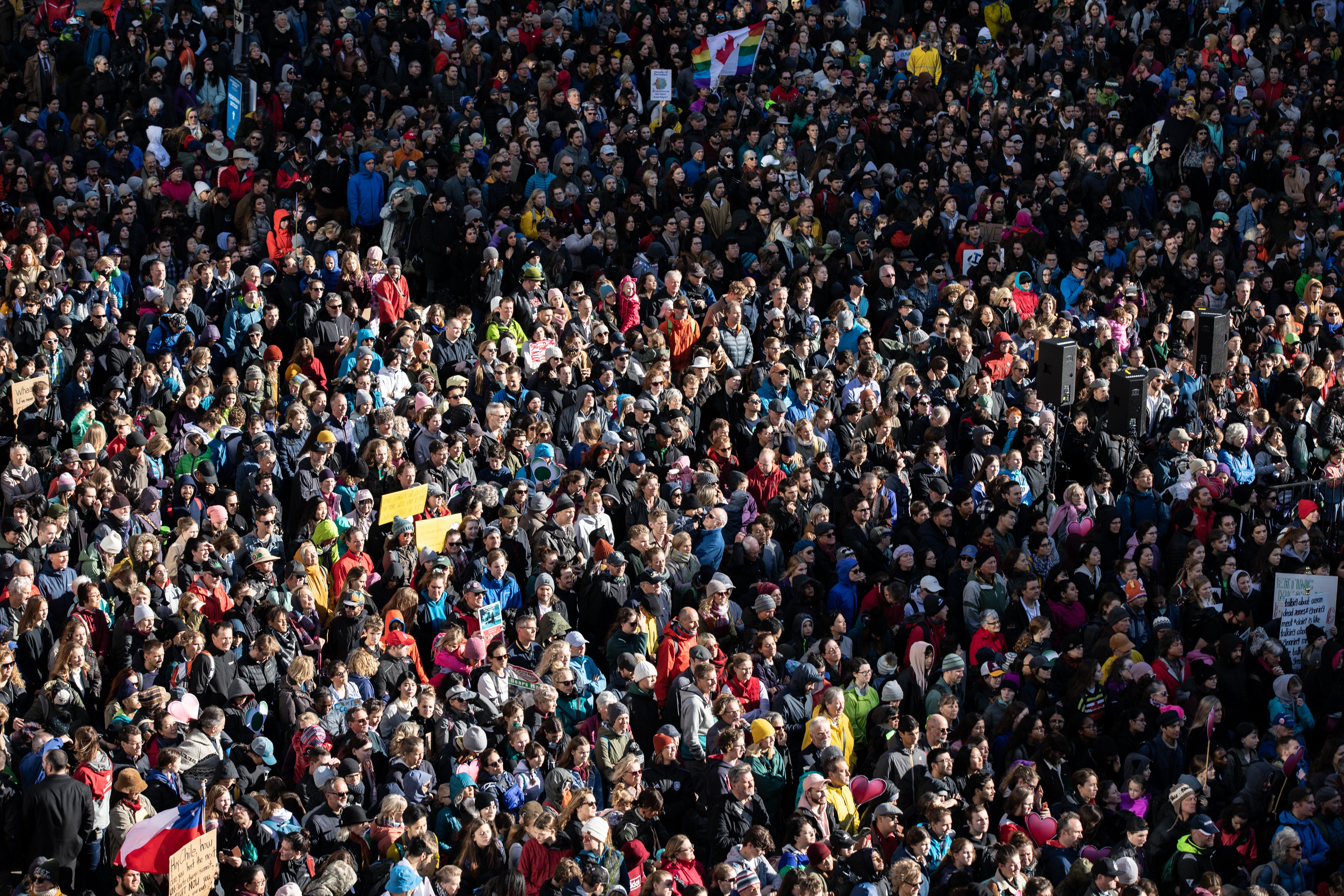 Thousands of people gather outside the Vancouver Art Gallery before a climate march visited by climate activist Greta Thunberg on Friday, Oct. 25, 2019. (Maggie MacPherson/CBC)