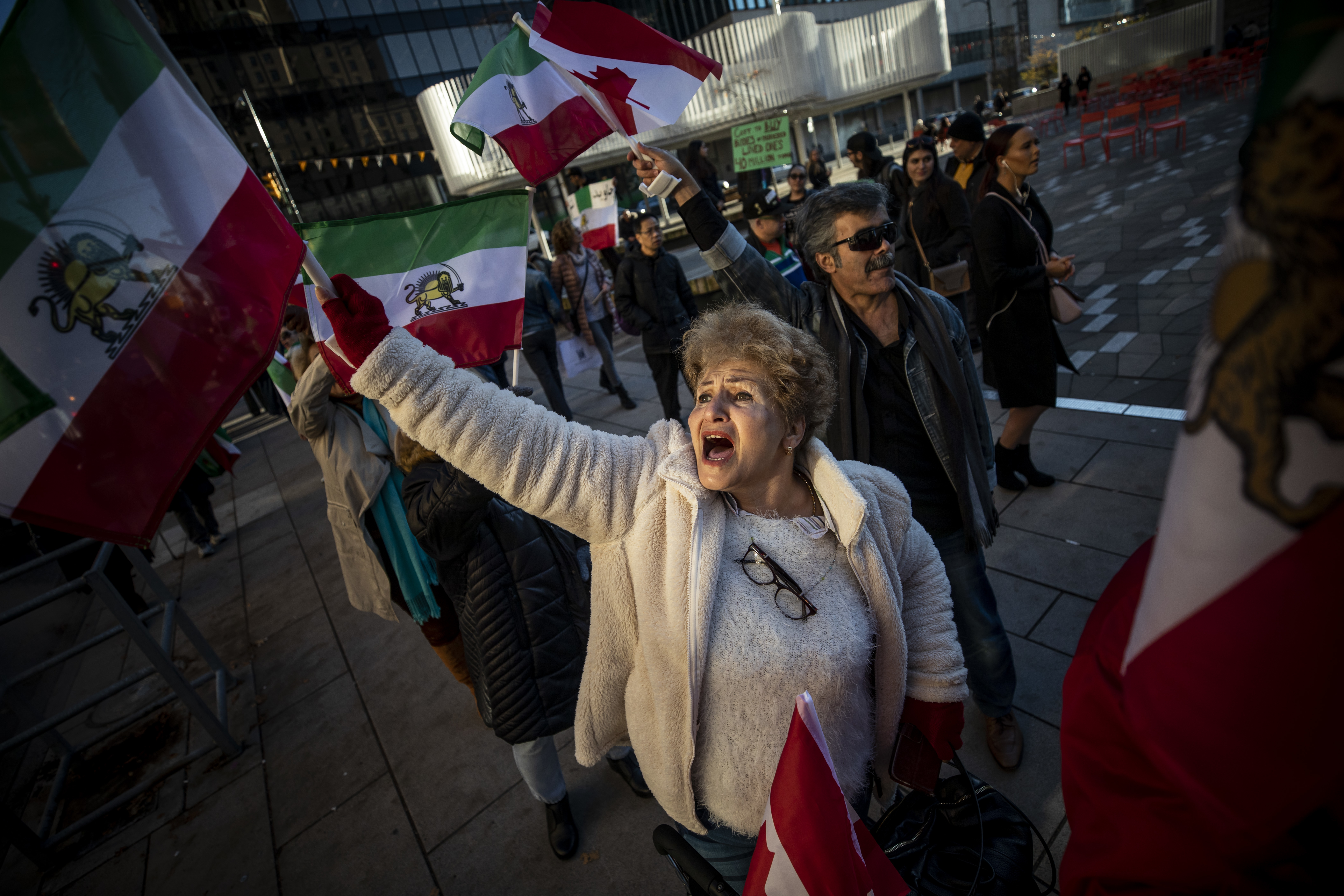 Supporters of a democratic Iran protest on the streets of downtown Vancouver on Nov. 21, 2019. (Ben Nelms/CBC)