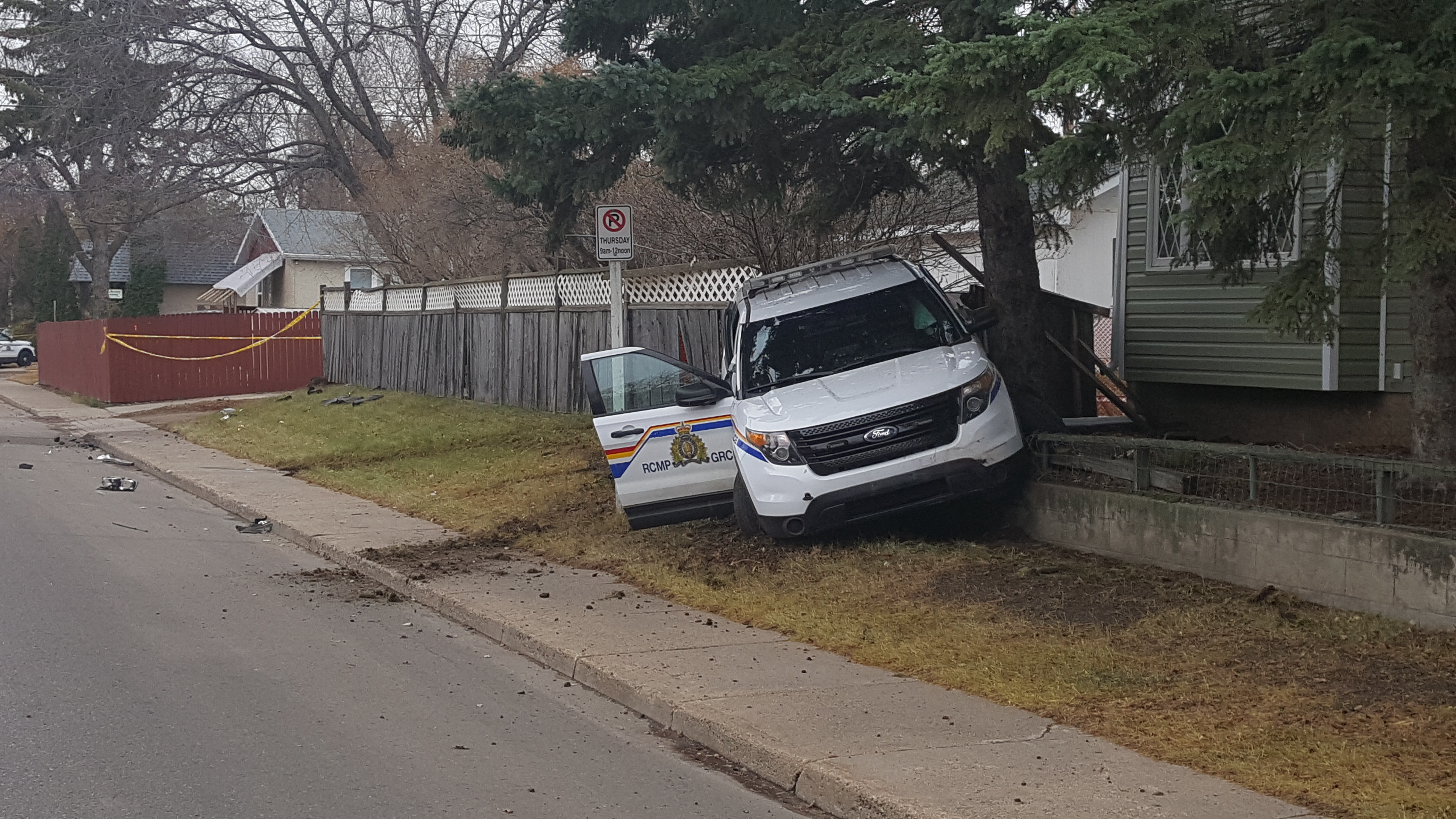 The RCMP says Whitstone rammed this vehicle. Wahobin says the collision was not intentional. (David Hutton/CBC)