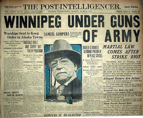 The events in Winnipeg made headlines around the world. Here, the Seattle Post-Intelligencer reports on Bloody Saturday. (Seattle Post-Intelligencer)