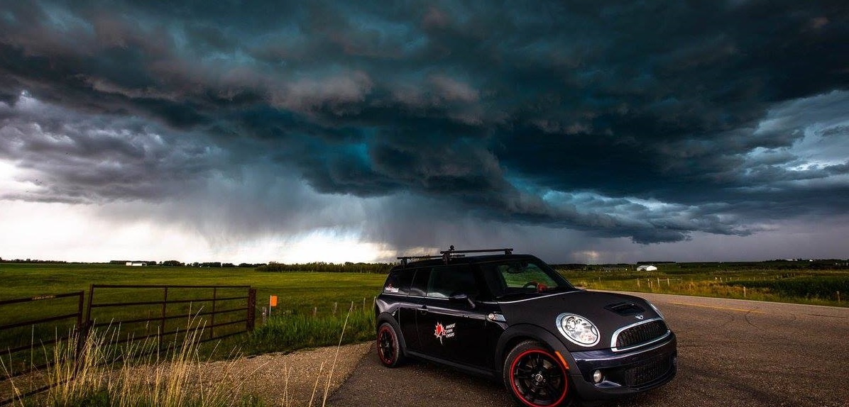 Chris Ratzlaff and his Mini Cooper take in a 2018 Canada Day storm north of Calgary near Didsbury and Beiseker, Alta. (Supplied by Chris Ratzlaff)