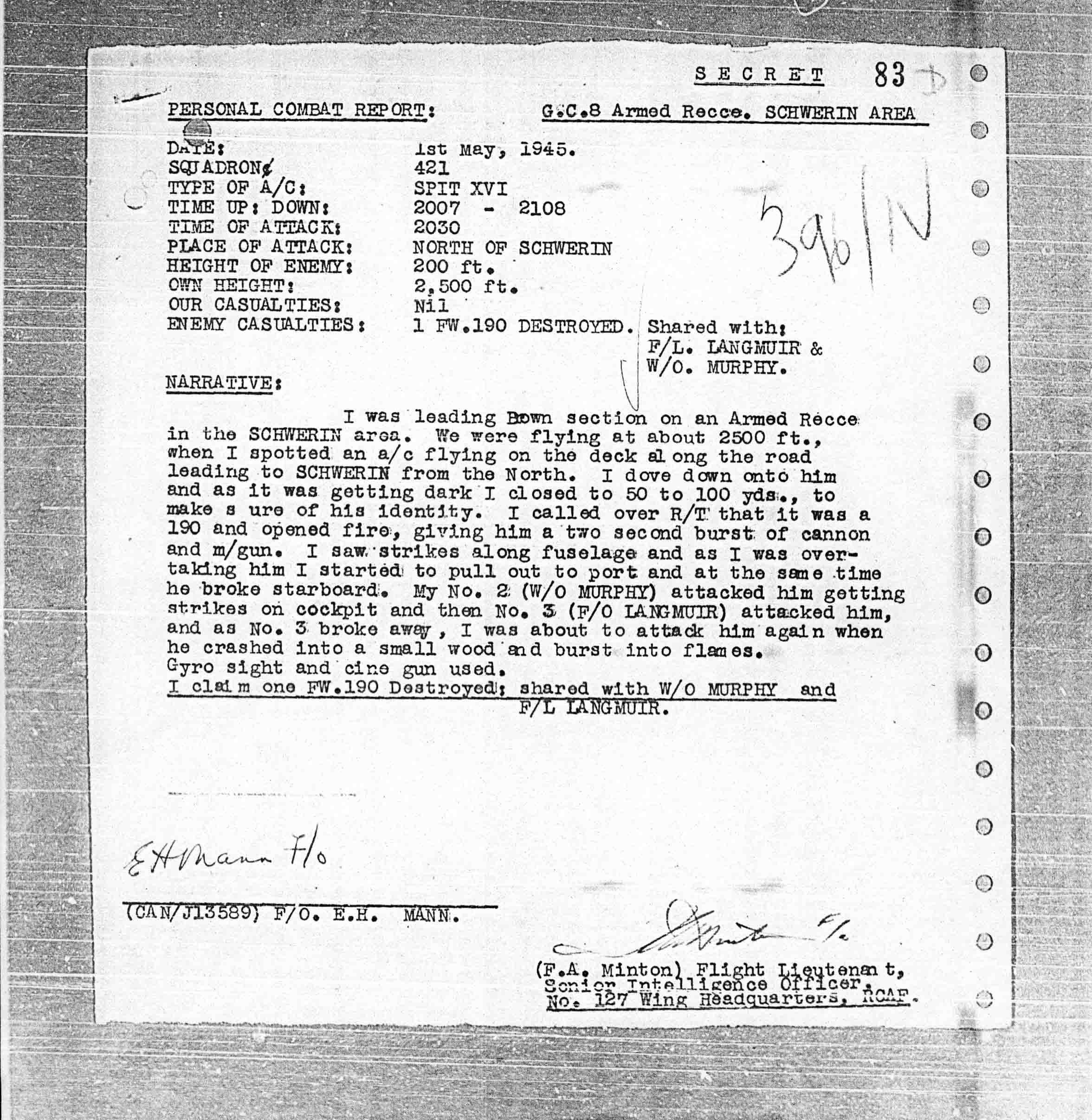 The personal combat report filed by Mann on May 1, 1945. (Submitted by Brian Mann)