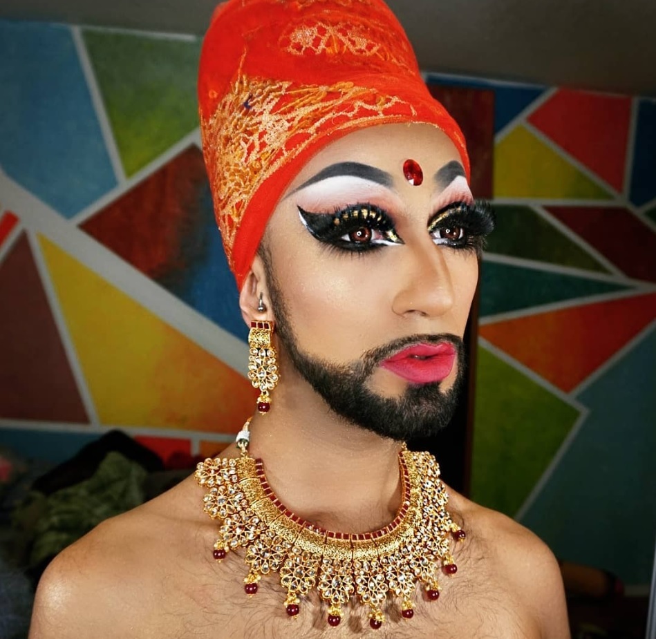 Toronto-based Humza Mian, posing as his drag persona Manghoe Lassi, uses South Asian elements in his attire. (_humzer/Instagram)