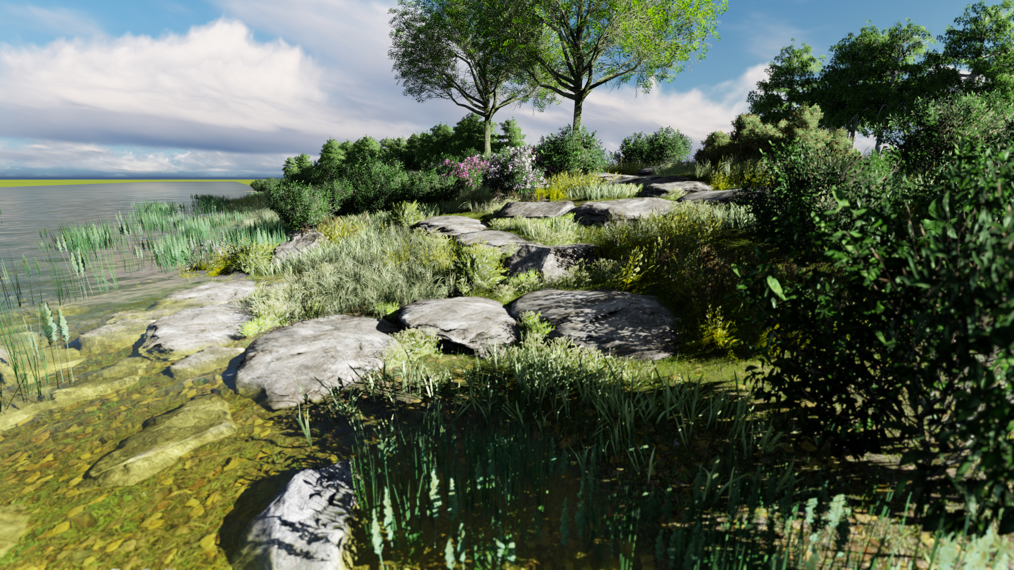 A rendering of one of the shoreline enhancements that is part of the restoration project for the bay and Kateri Tekakwitha Island. (Ka’nhehsí:io Deer/CBC)