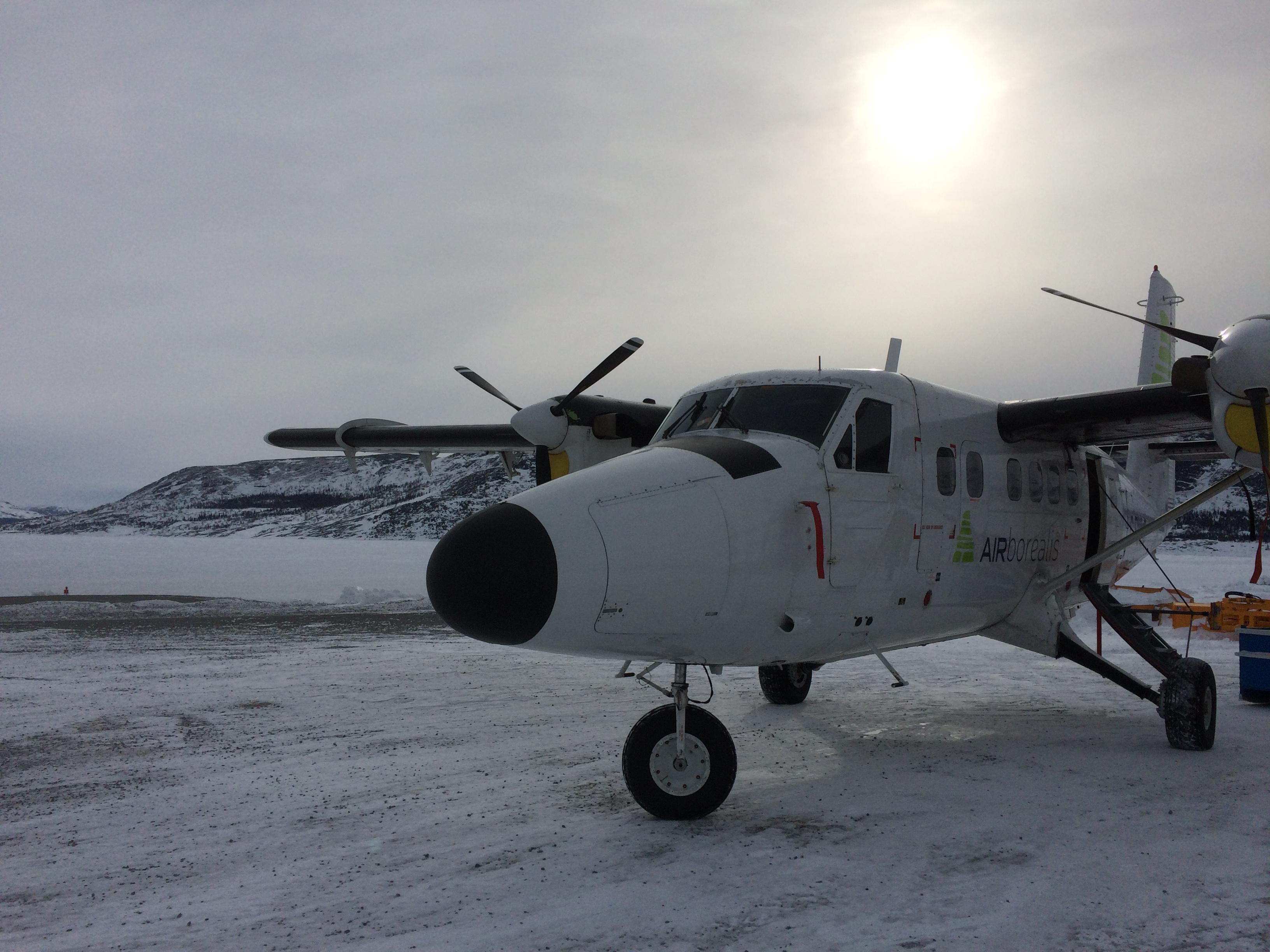 Our plane next to the airstrip in Nain. (Jen White/CBC)