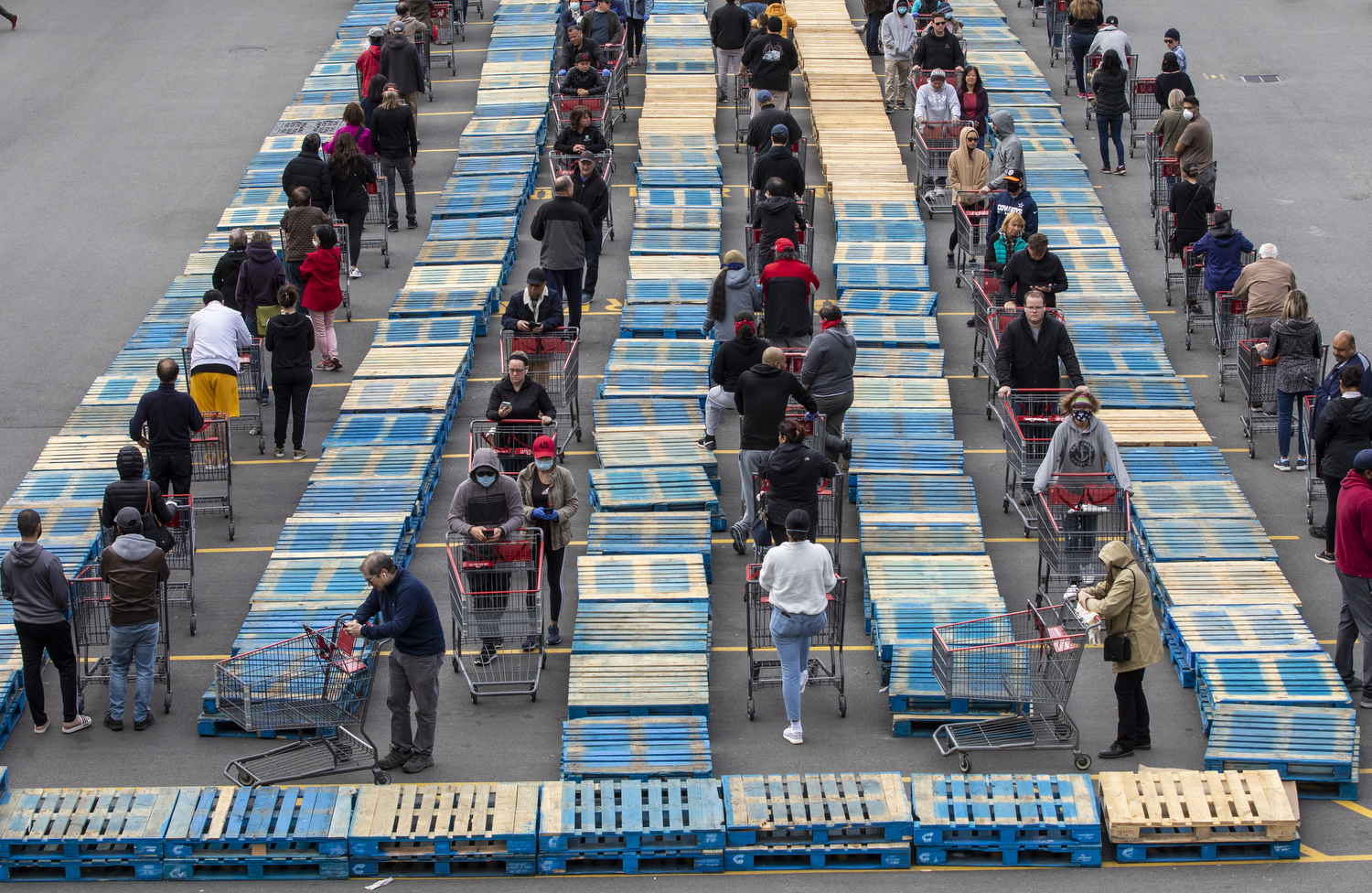 Shoppers line up between pallets outside of Costco Wholesale store in Burnaby, B.C., on April 21, 2020. (Ben Nelms/CBC Vancouver)