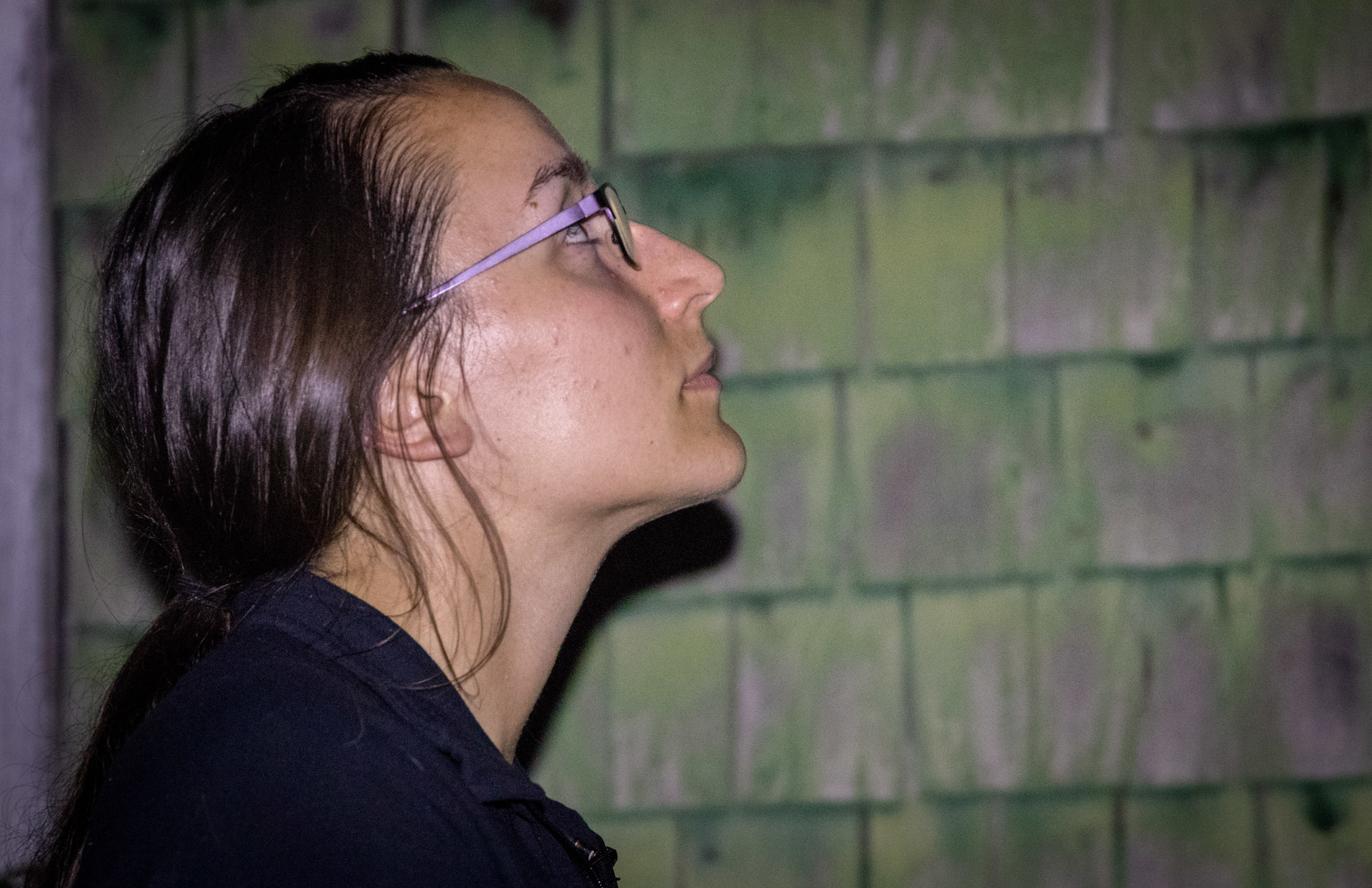 Biologist Lori Phinney looks for bats outside the building. (Steve Berry/CBC)