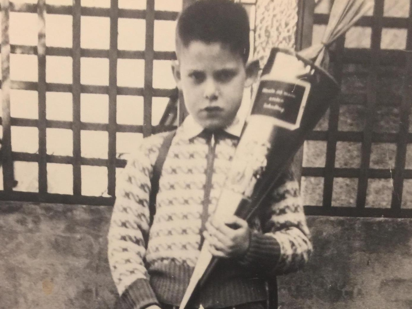 Bernard Krieger as a child in Trier, Germany on his first day of school. Some have noted that his deep, dark glare was apparent even in childhood. (Courtesy Misty Cherry)