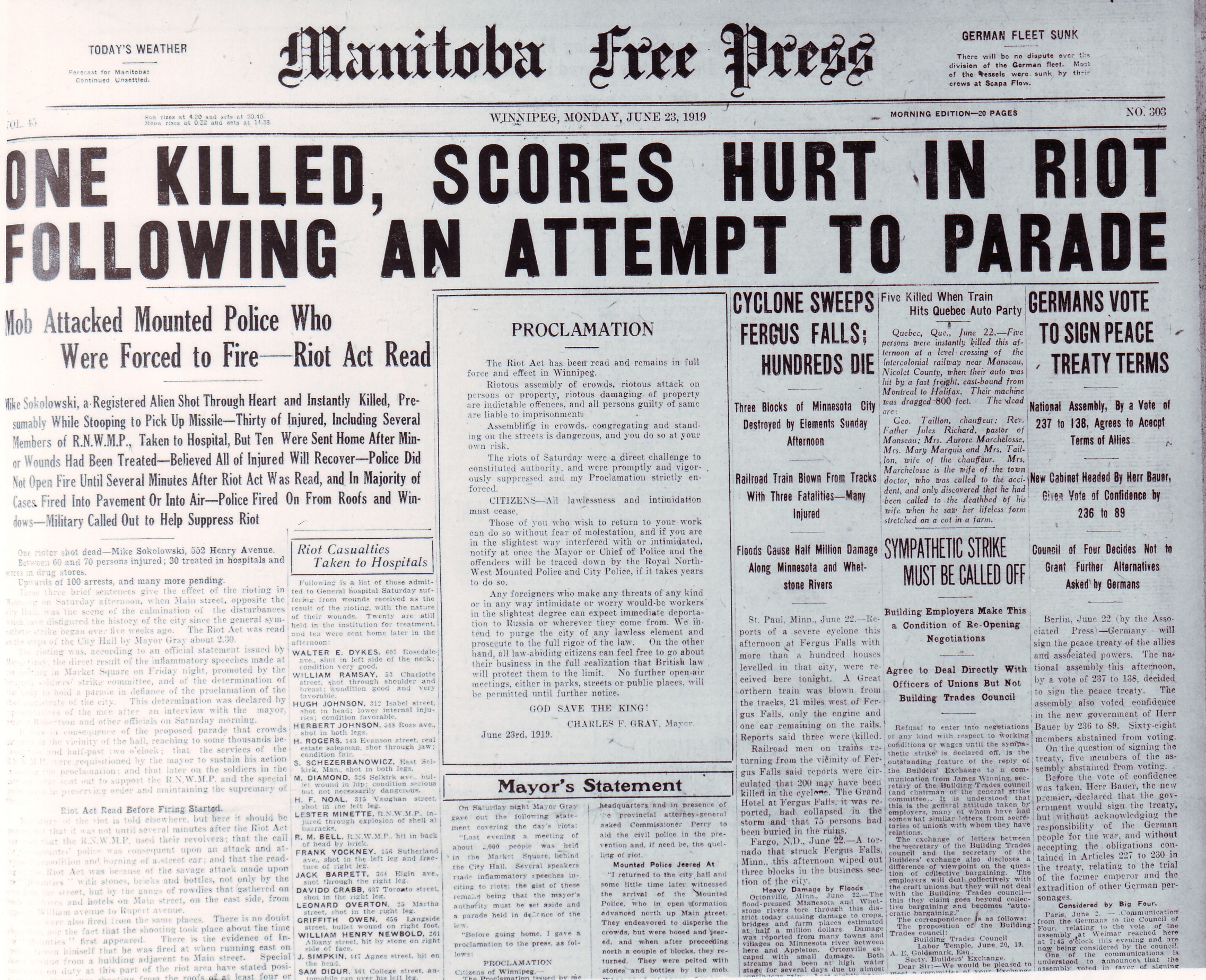 The Manitoba Free Press headline on June 23, 1919, reports on the aftermath of Bloody Saturday. (Archives of Manitoba)