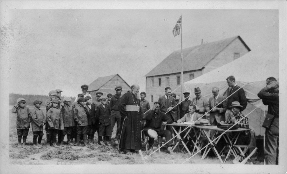 Bishop Breynat gives evidence to treaty commissioners at Fort Providence in 1927. Breynat vouched for the good intentions of treaty commissioners when oral promises made during negotiations never made it into the final text. (Library and Archives Canada)