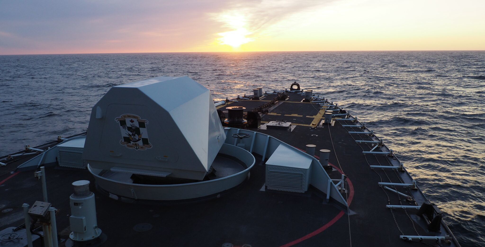 A sunset is seen from the bridge of the ship as it heads towards Iqaluit. (Peter Cowan/CBC)