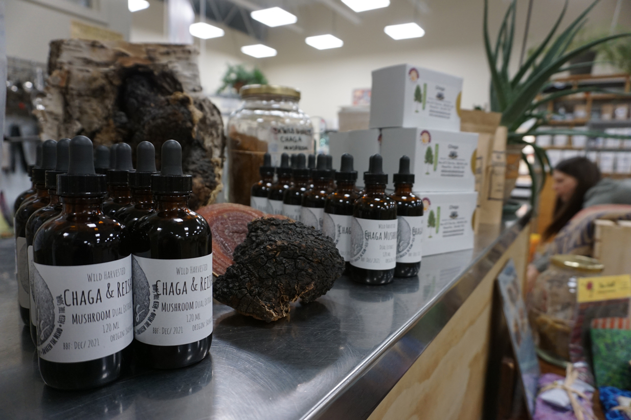 The Saskatoon store Soul Foods sells chaga powder, extract and elixirs made out of chaga tea. (Chelsea Laskowski/CBC)