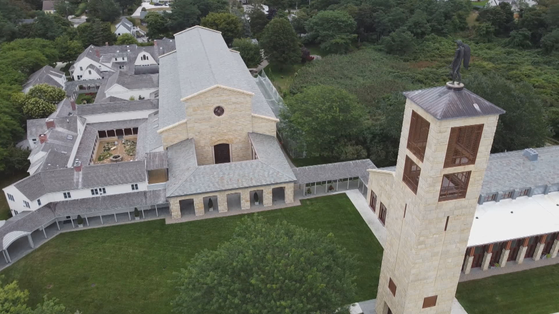 A four-storey stone tower rises above the Community of Jesus in Cape Cod, Mass. (John Badcock/CBC)