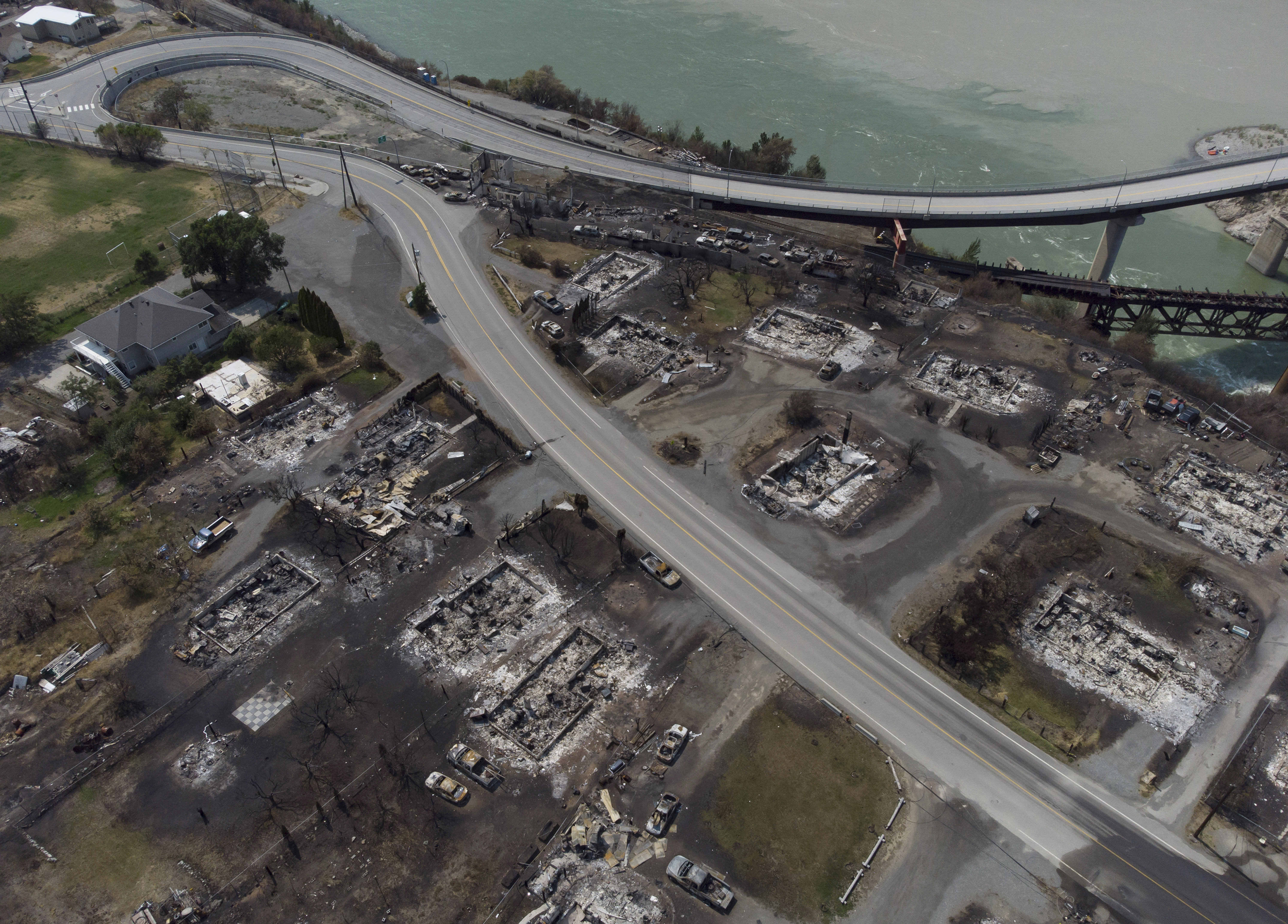 Damaged structures are seen from above in Lytton, B.C., on July 9, 2021. (Darryl Dyck/The Canadian Press)