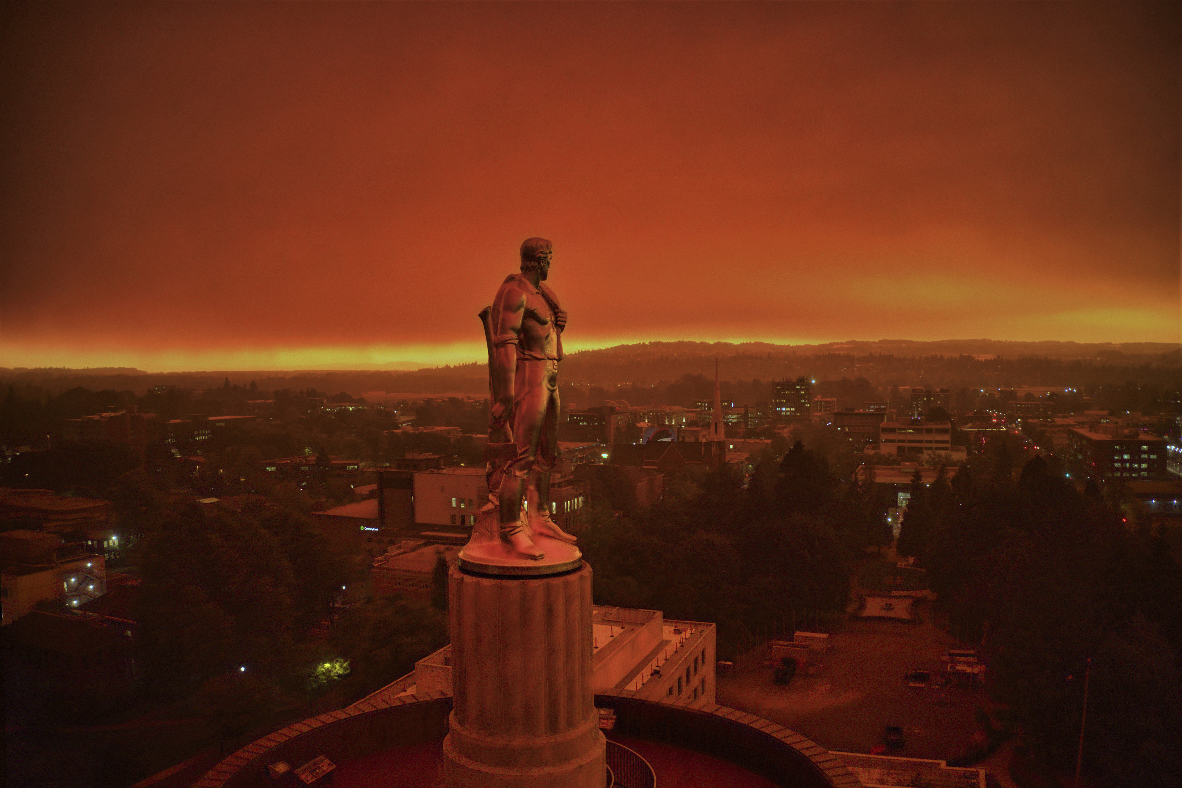 This drone photo provided by Michael Mann shows the Oregon Capitol building, with its 