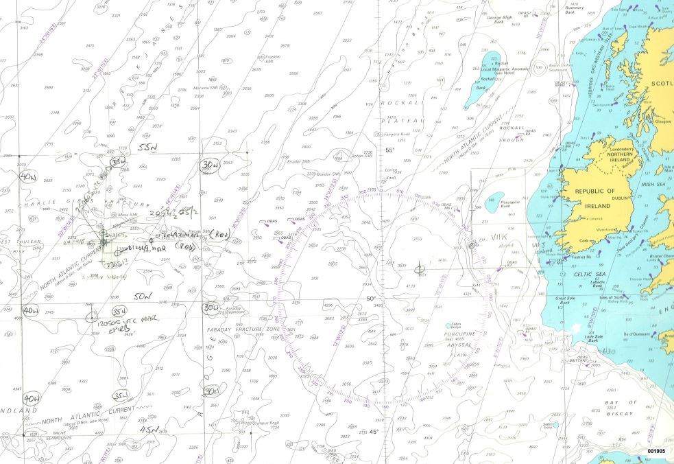 This nautical map marks where Transport Canada officials tracked the Lyubov Orlova's drift across the Atlantic. (Transport Canada)