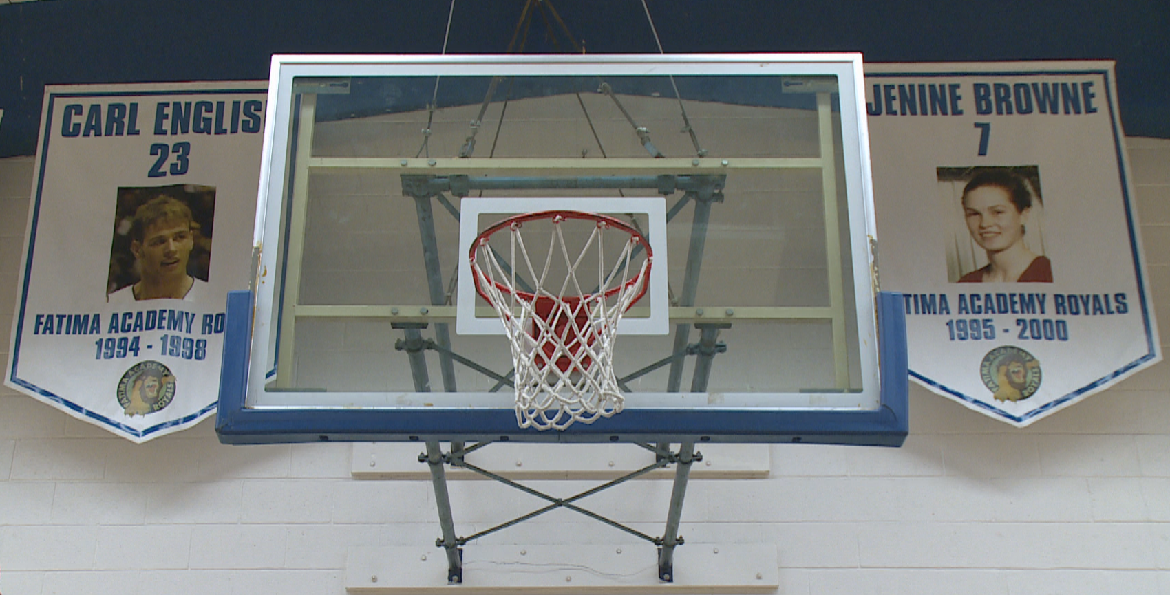 English's name, along with fellow basketball standout Jenine Browne, still hang at Fatima Academy in St. Bride's. (Jeremy Eaton/CBC)