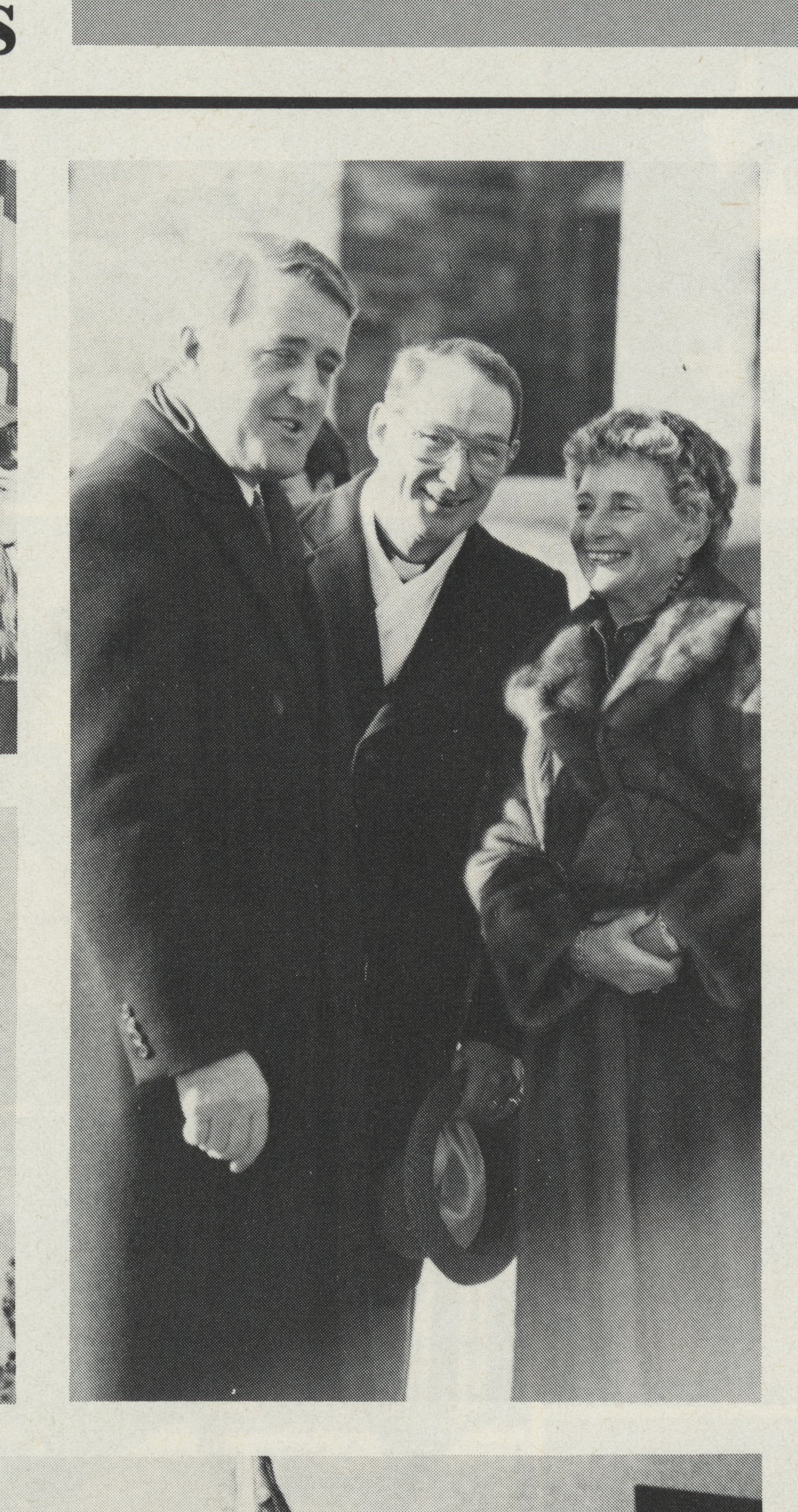 A photo from the 1985/86 Grenville Christian College yearbook shows Prime Minister Brian Mulroney, left, visiting with Farnsworth and his wife, Betty Farnsworth. (Grenville Christian College yearbook)