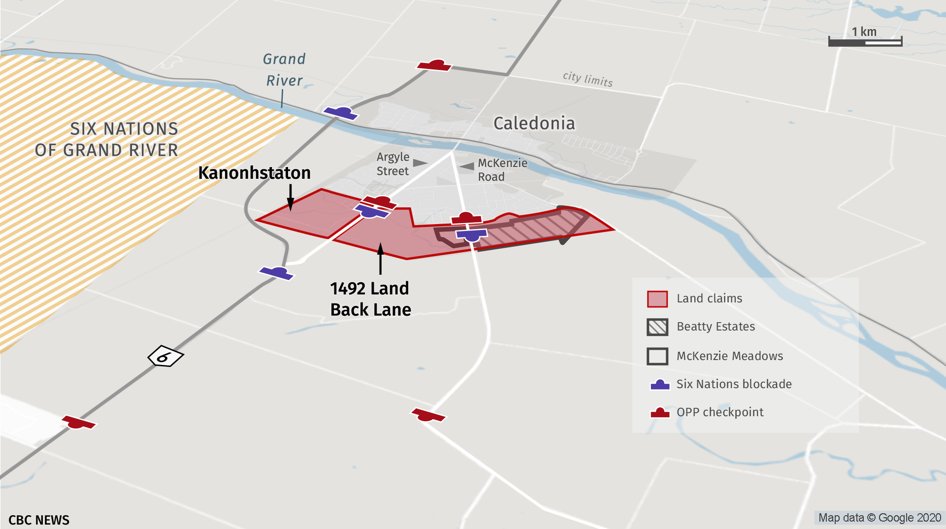 This map illustrates the various barricades currently set up around the town of Caledonia. (CBC)