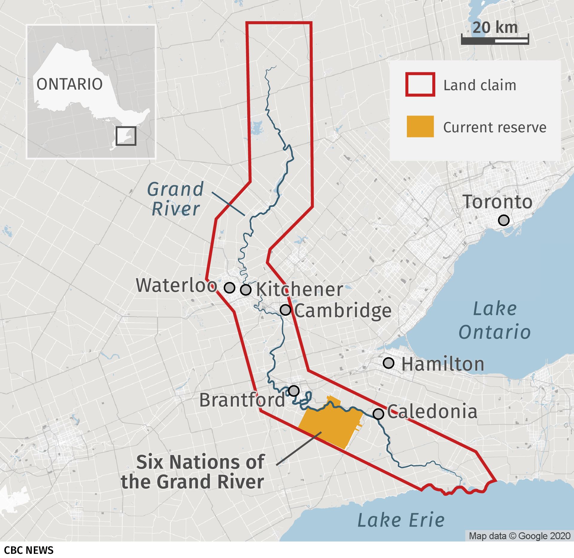 This map delineates the boundaries of the Haldimand Tract, a strip of land that was granted to the Six Nations Confederacy in 1784 as a thanks for supporting the British in the American Revolution. This tract is central to ongoing land claims of the Six Nations. (CBC)