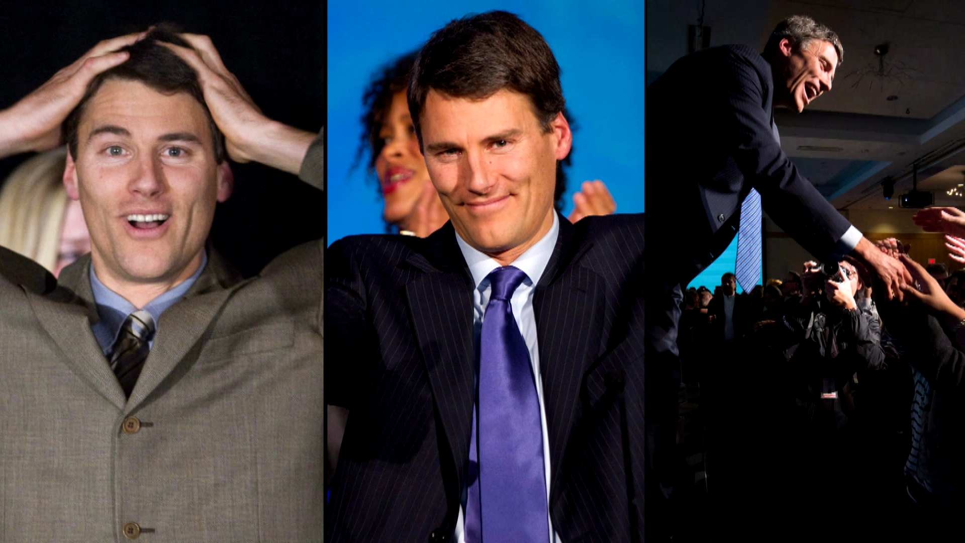 Left to right: Pictures of Gregor Robertson celebrating his election victories in 2008, 2011 and 2014 (Photos courtesy Canadian Press)