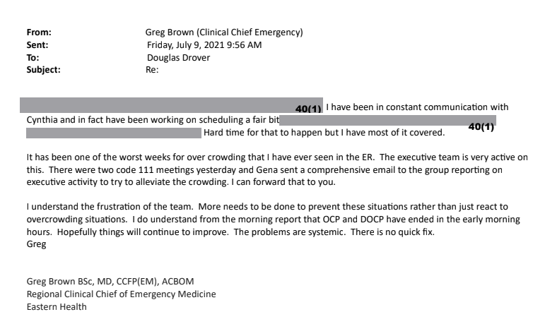 Dr. Greg Brown, clinical emergency chief, wrote that he experienced one of the ‘worst weeks for overcrowding’ that he had ever seen in the Health Sciences Centre emergency room. 