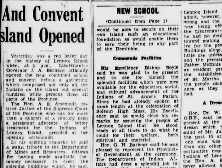 A 1948 story from the Charlottetown Guardian describes the opening ceremony for the new two-story Lennox Island Day School. 