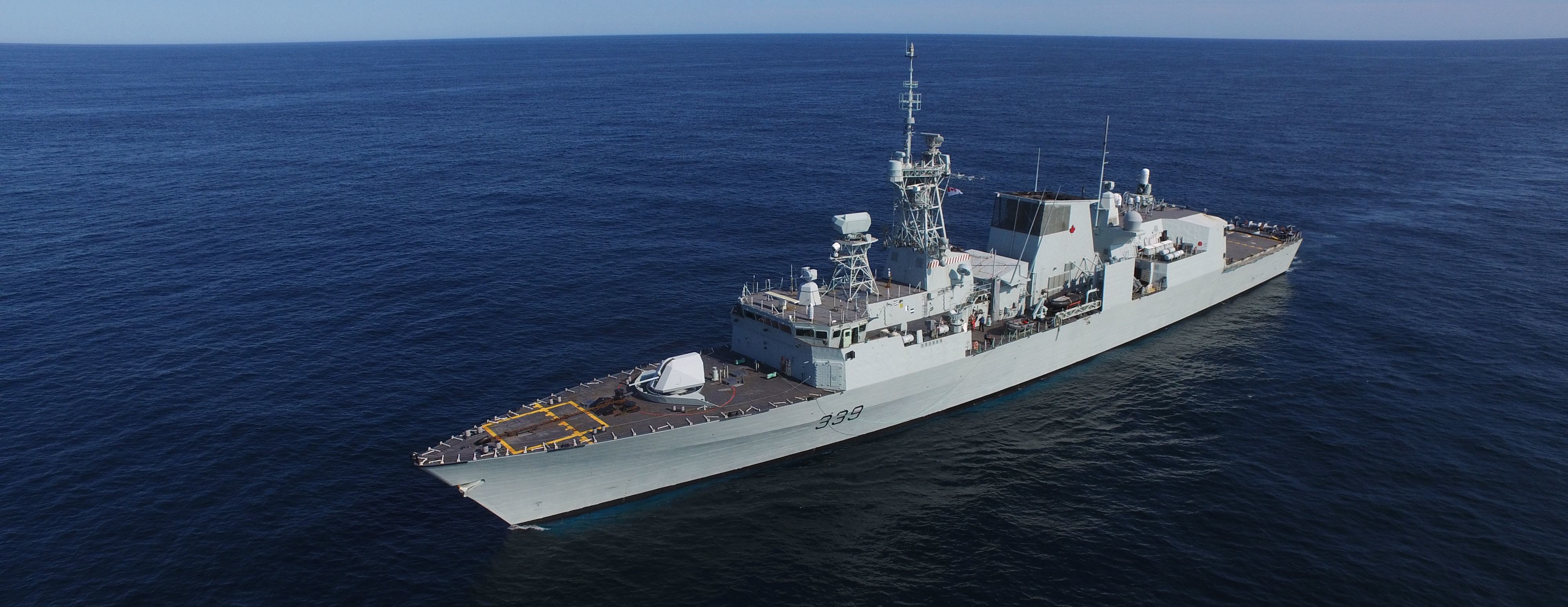 HMCS Charlottetown as seen from a drone in the Labrador Sea during Operation Nanook. (Royal Canadian Navy)