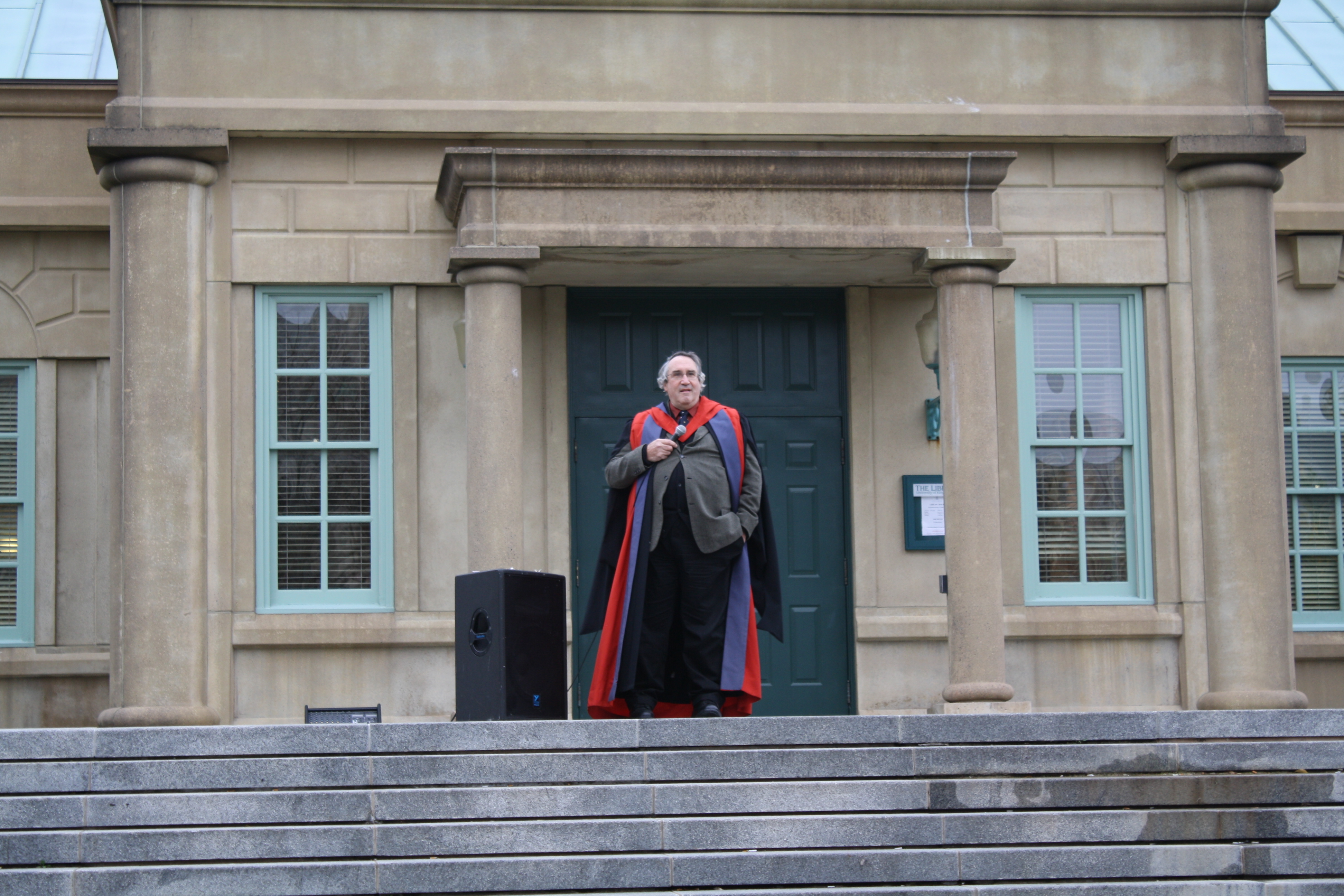 Hankey gives a lecture from the steps of the King’s library during Antiquated Day in 2011. (CBC)