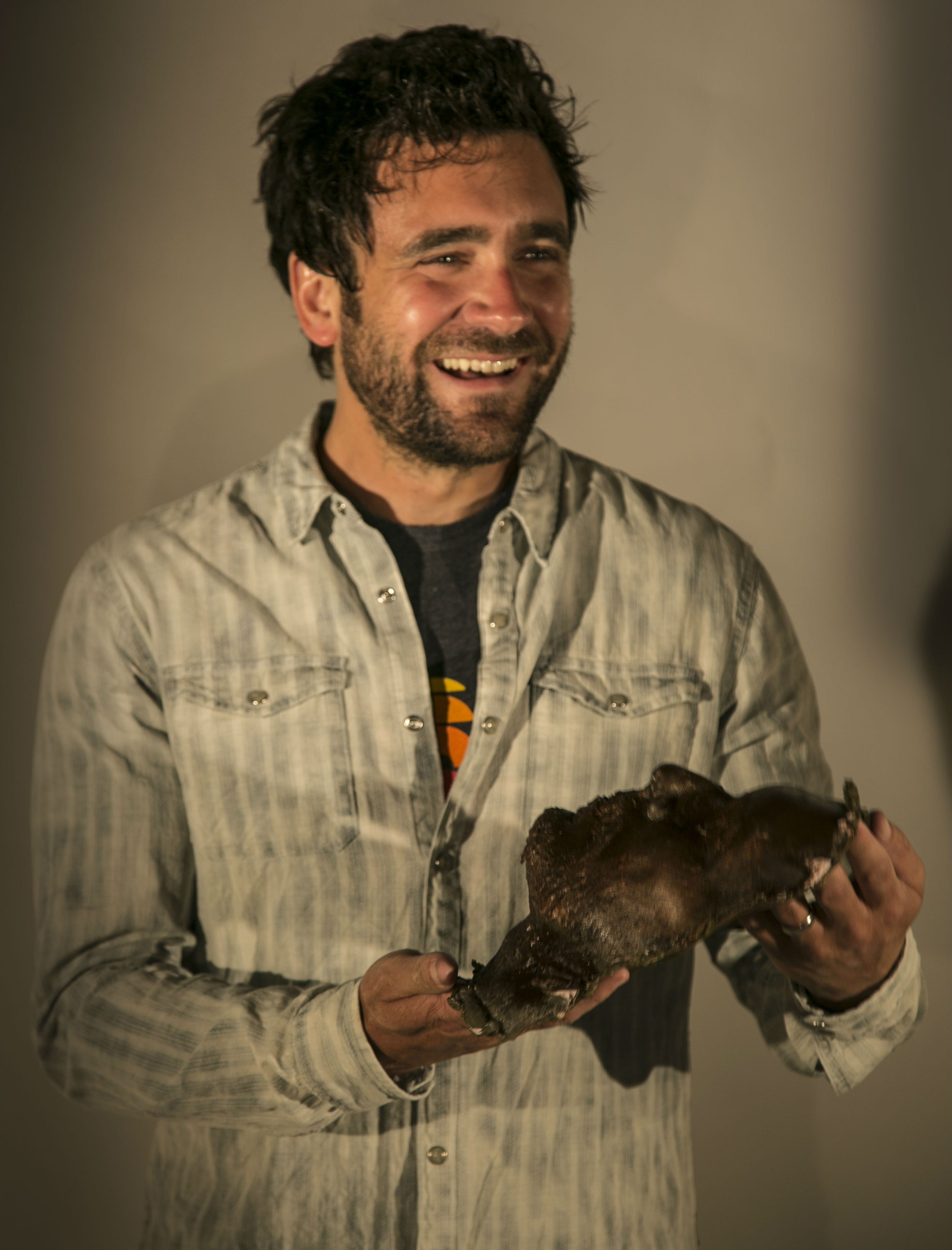 Allan Hawco holds the wax mould of his face. (Ian Gillies)