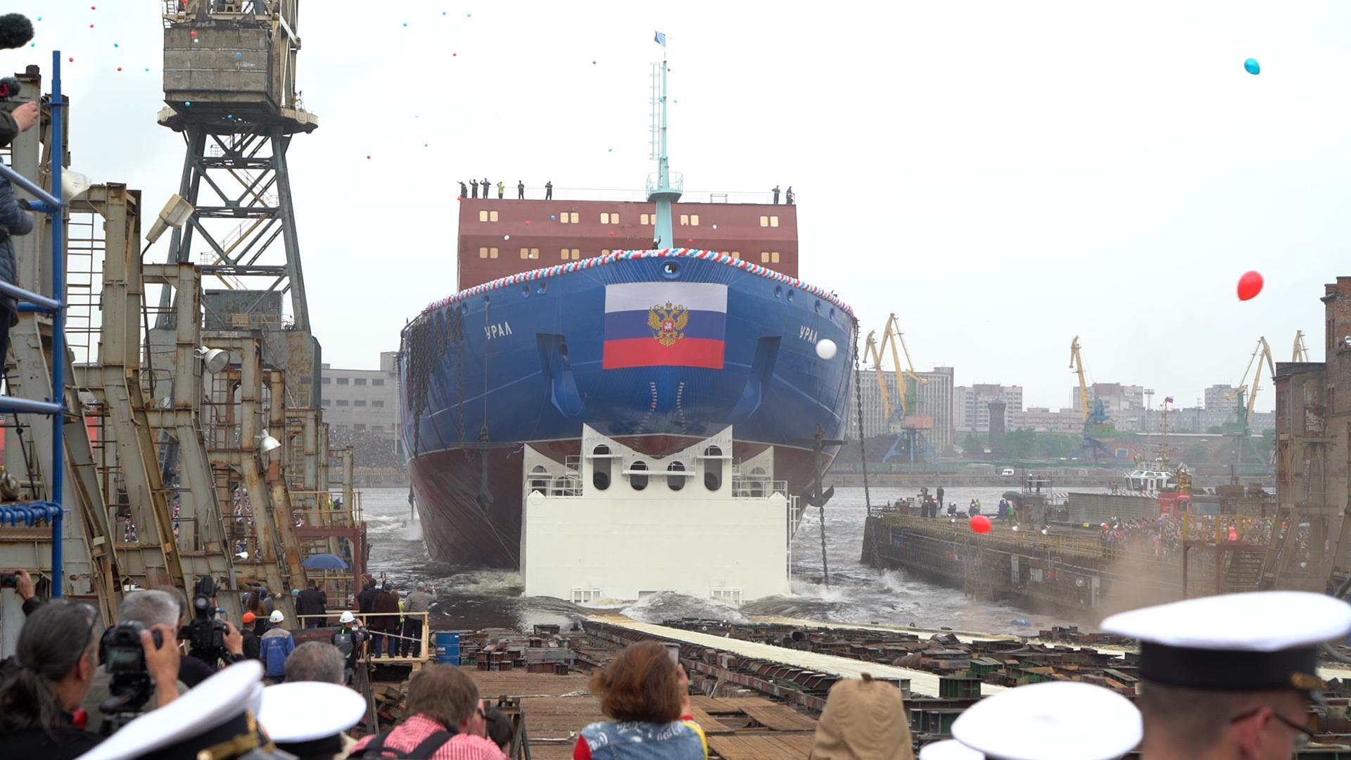 The Ural rolls out of the dry dock at Saint Petersburg's Baltic Shipyard.