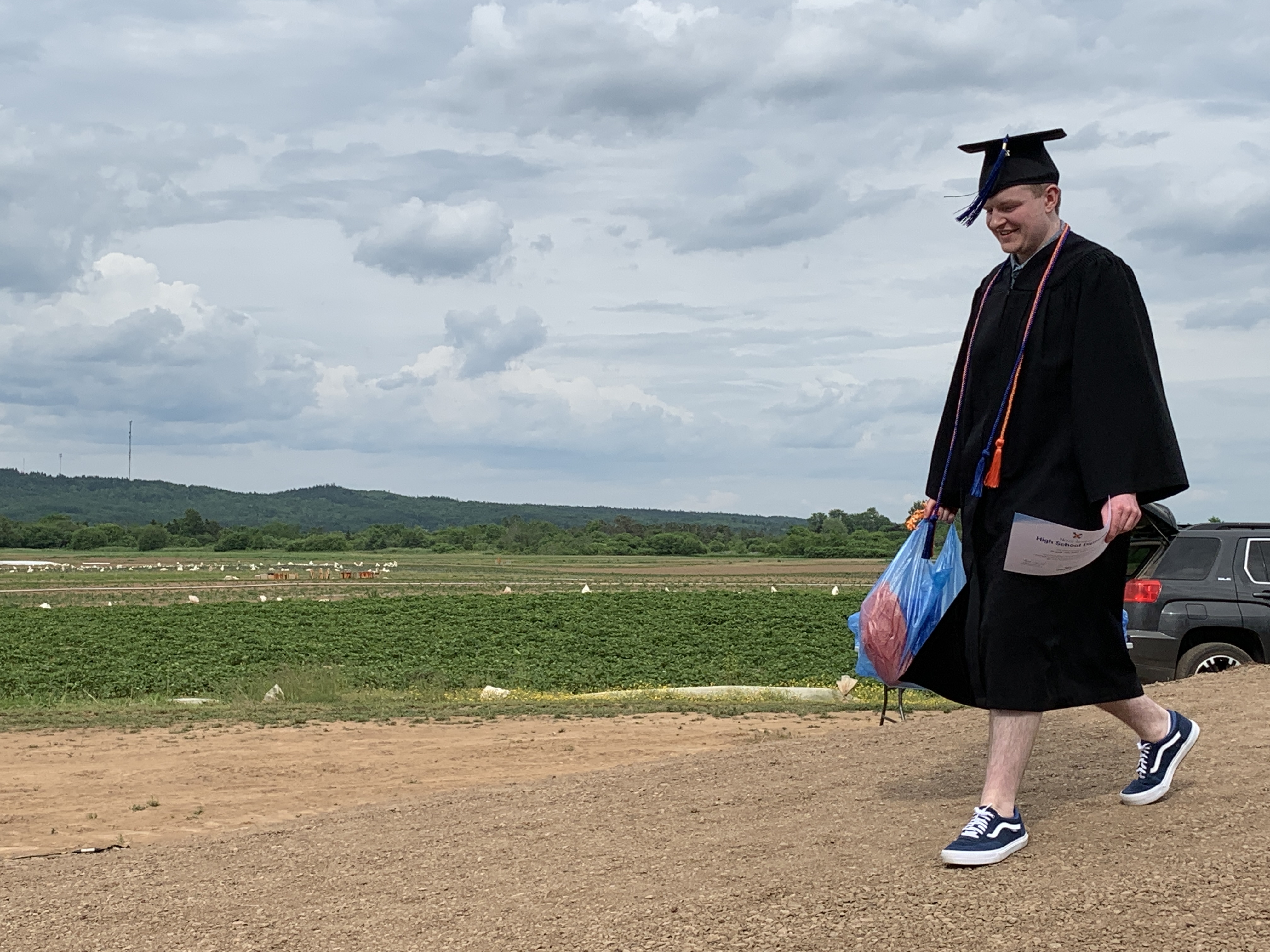 The graduating class of Cobequid Educational Centre held a drive-in ceremony so that these students, who had lost loved ones in April's mass shooting, could mark this milestone. (Shaina Luck/CBC)