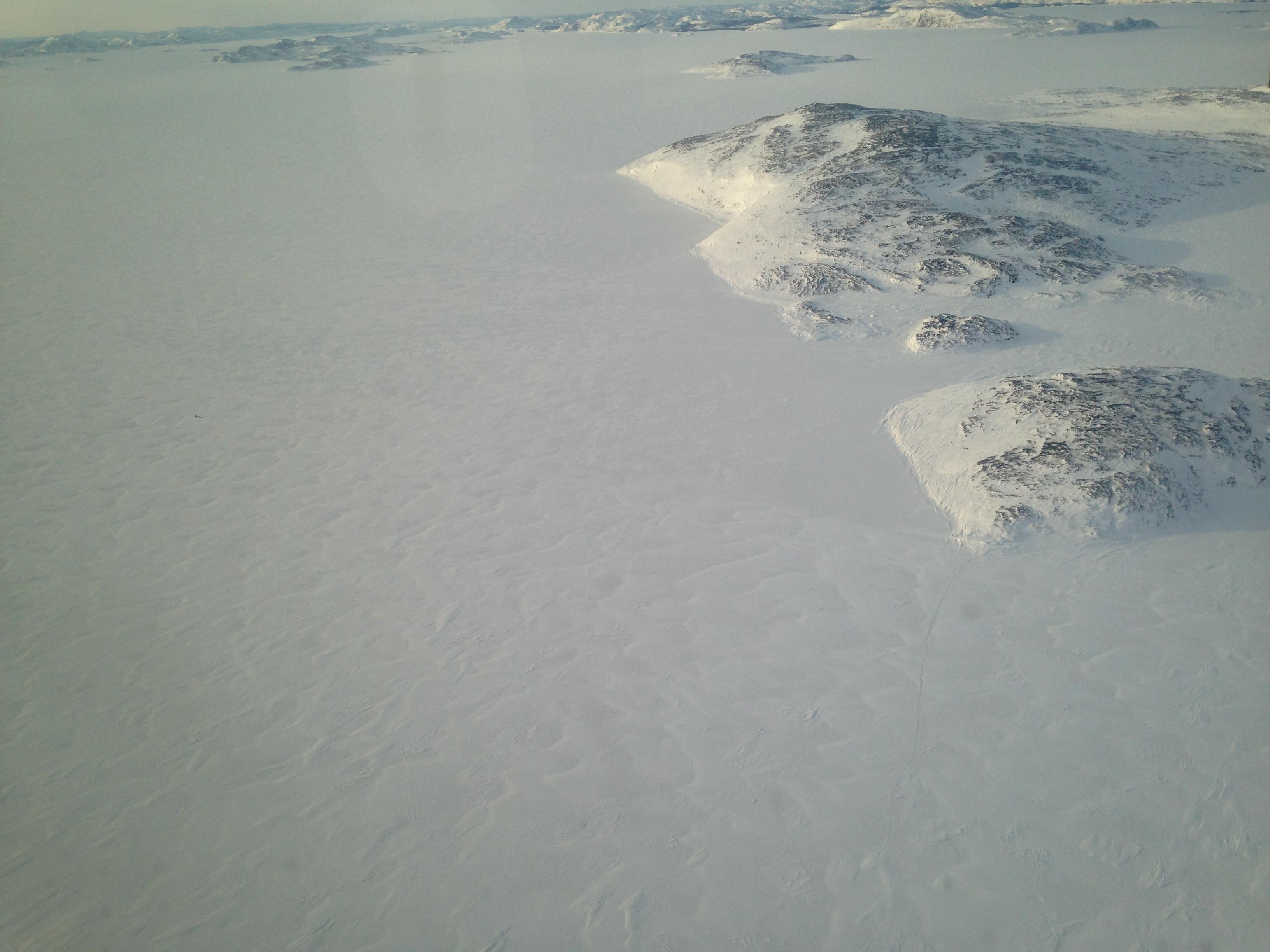 The coast of Labrador from the window of our Air Borealis twin prop (Angela Antle/CBC)