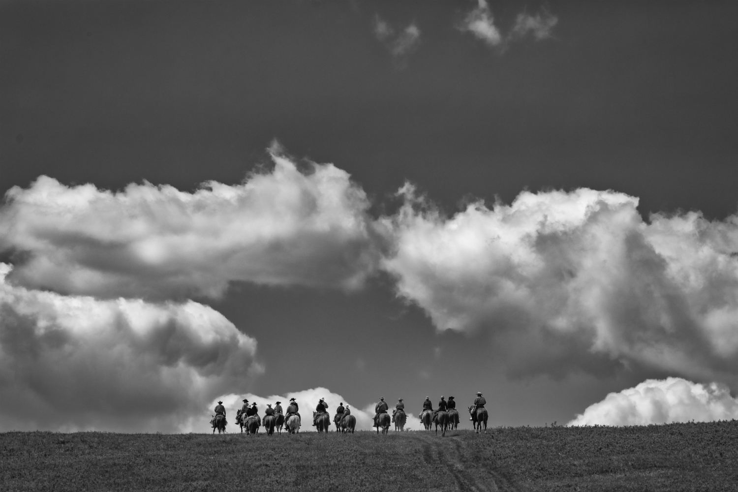 Riders cross a ridge in the Porcupine Hills to start a day of branding cattle at the Bar S Ranch.