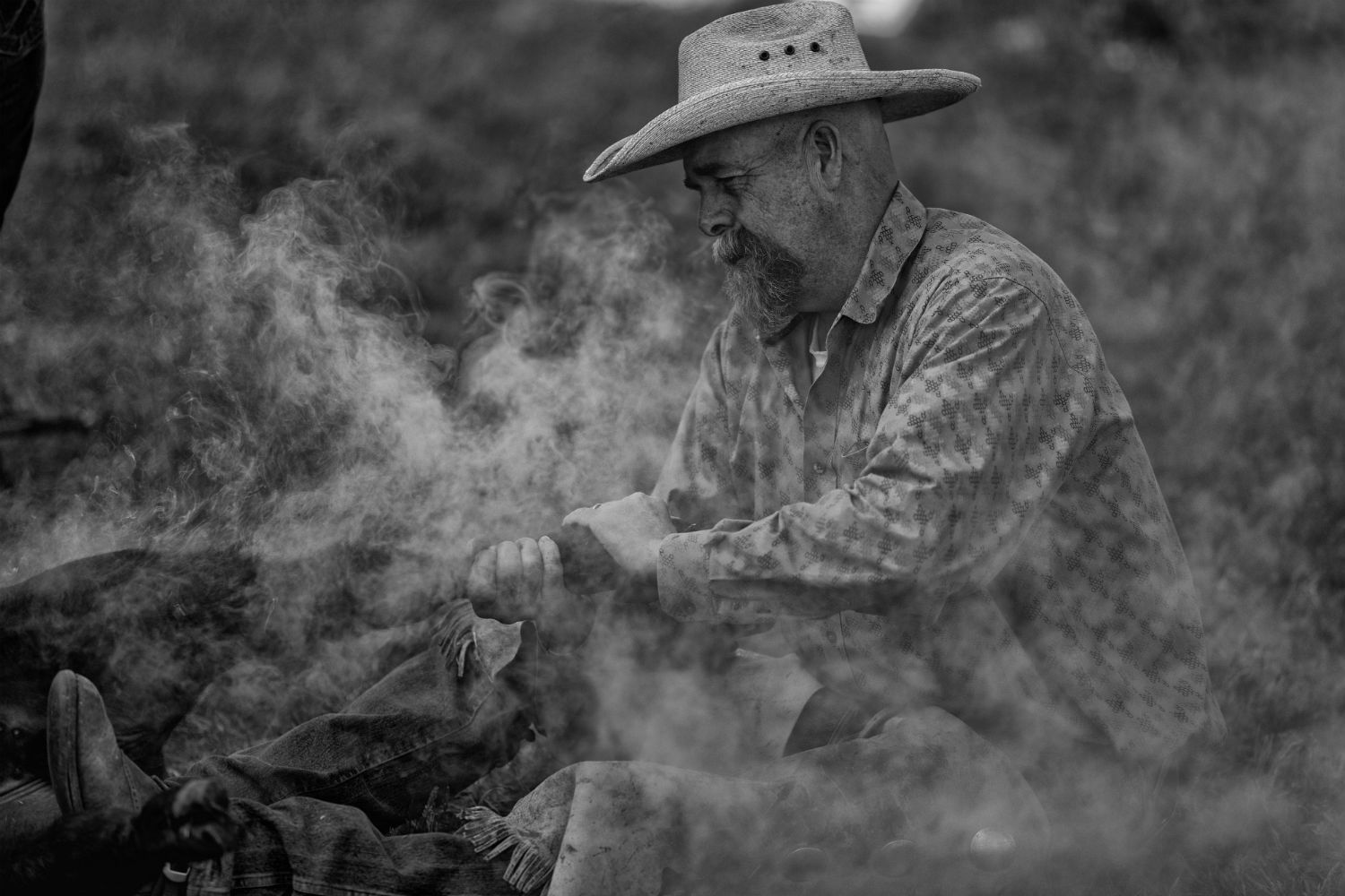 Scott Chattaway applies a brand on his family's ranch.