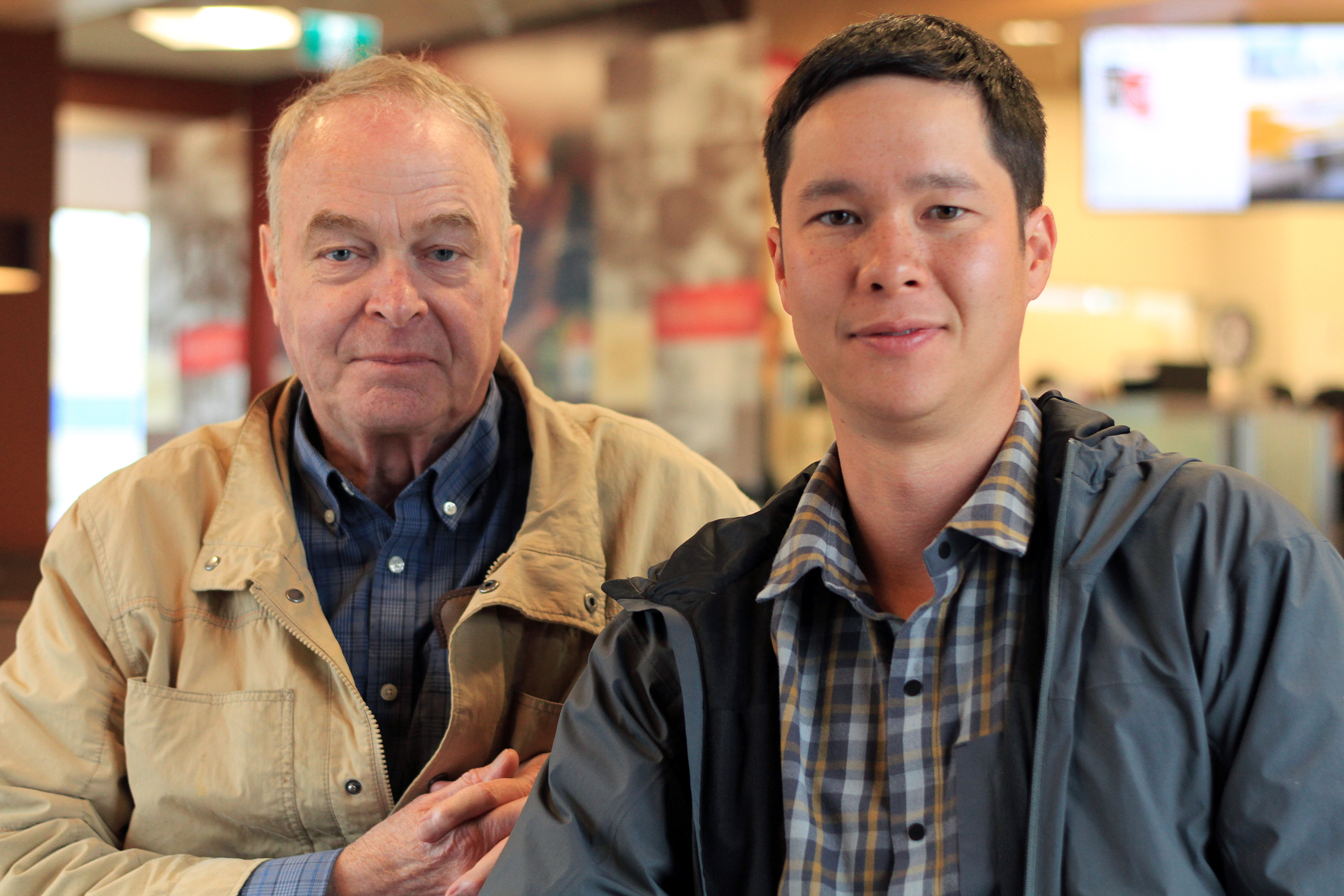 Hall and Wong, right, at a Yellowknife Tim Hortons in June. The two call each other mentor and mentee. (Priscilla Hwang/CBC)