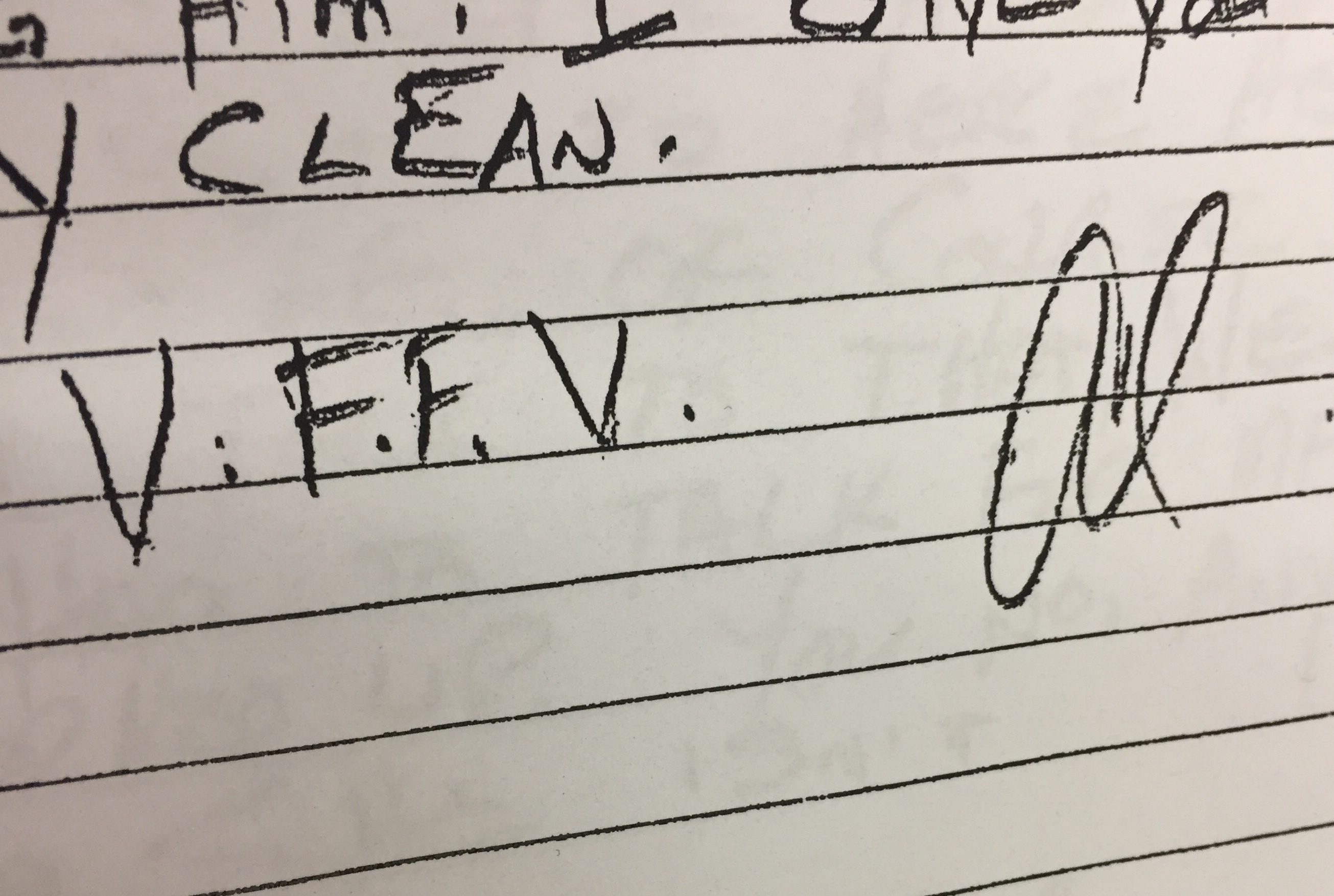 The acronym V.F.F.V. stands for Vikings Forever Forever Vikings and was written at the end of Al Potter's letters back to a friend in Newfoundland. His friend was secretly working as a police agent, and gave the RCMP every correspondence. (Ariana Kelland/CBC)