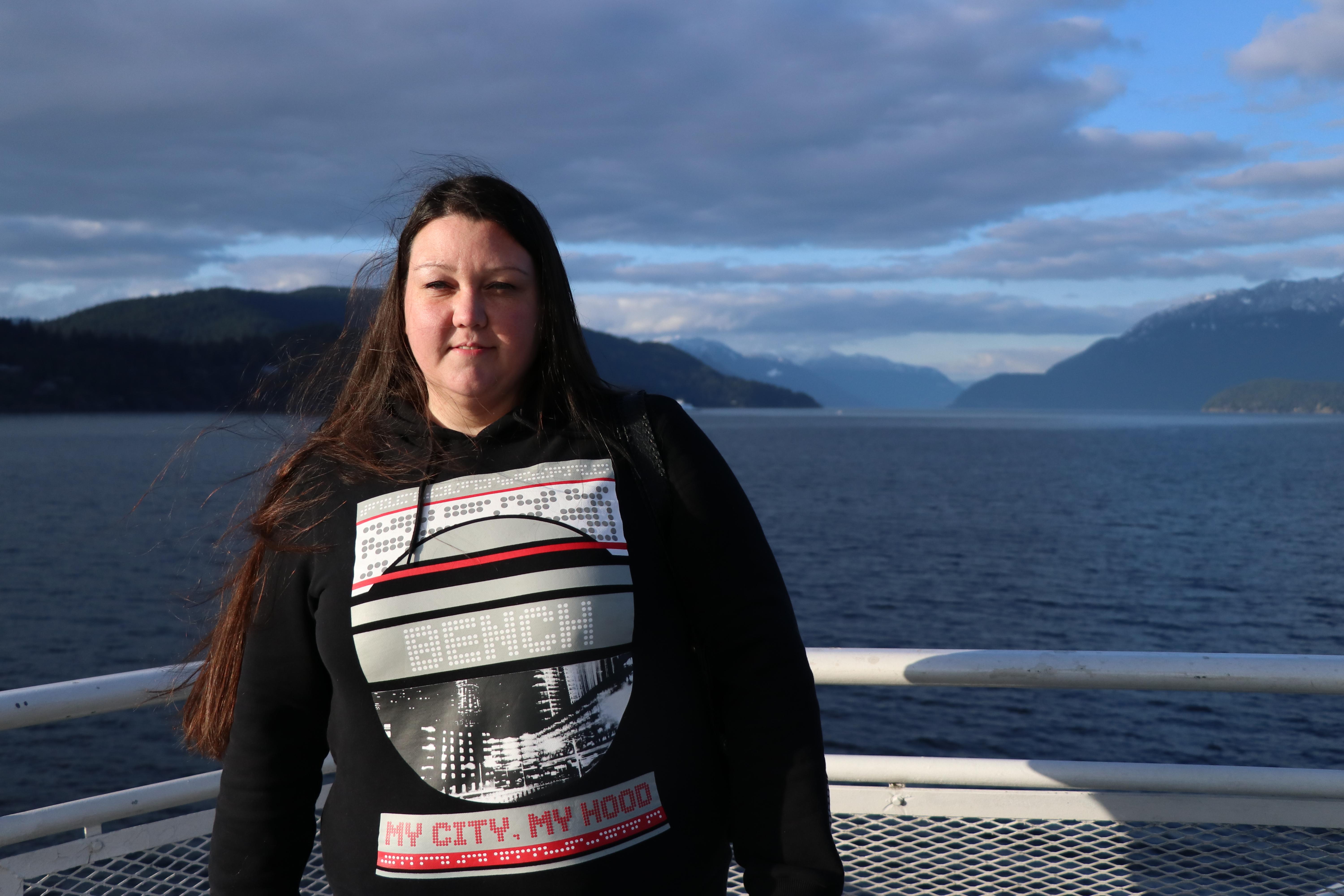 Amanda Lepine on the ferry back to the B.C. mainland and the Fraser Valley Institution for Women. (Chantelle Bellrichard/CBC)