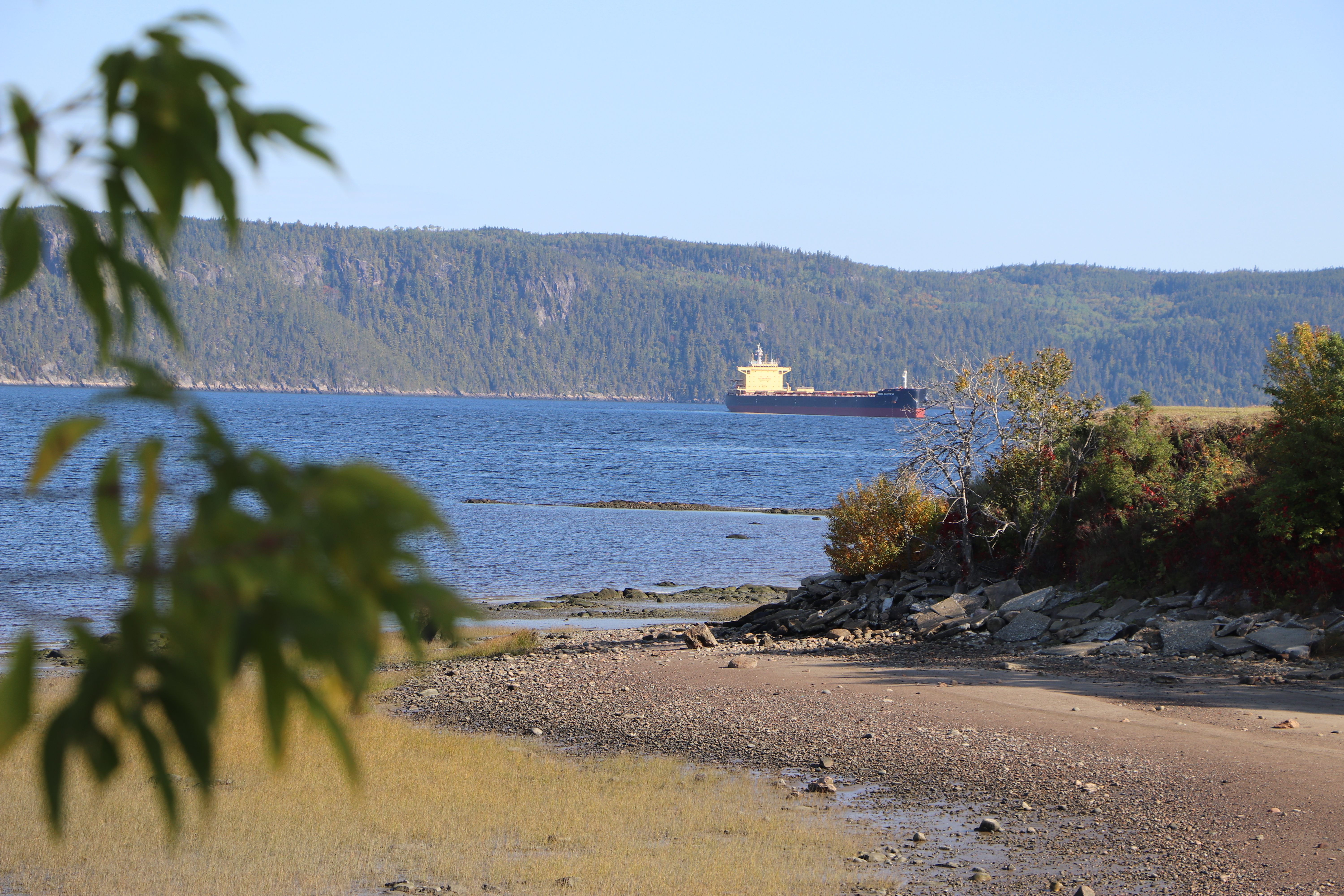 A cargo ship heading for the Rio Tinto port facilities waits to enter La Baie des Ha! Ha!, on the Saguenay Fjord.