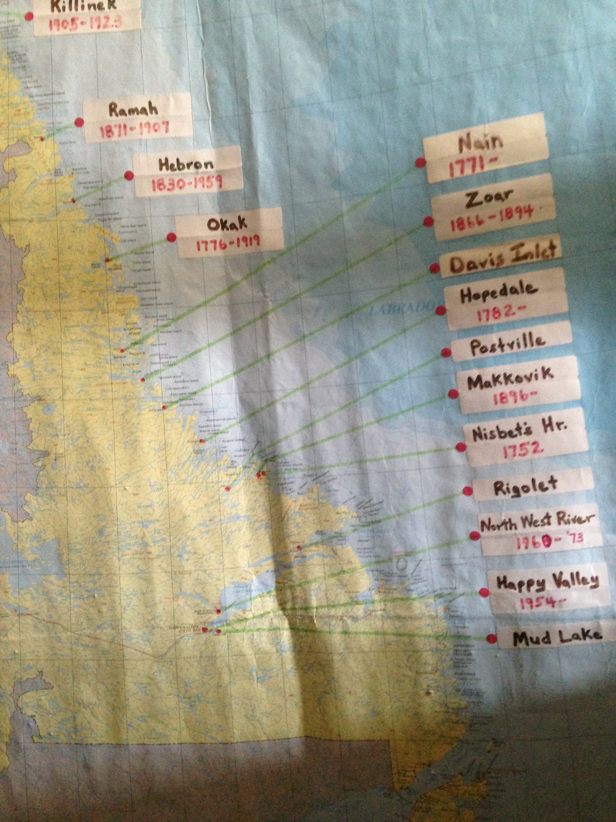 A map of all the Moravian missions founded in Labrador. (Angela Antle/CBC) 